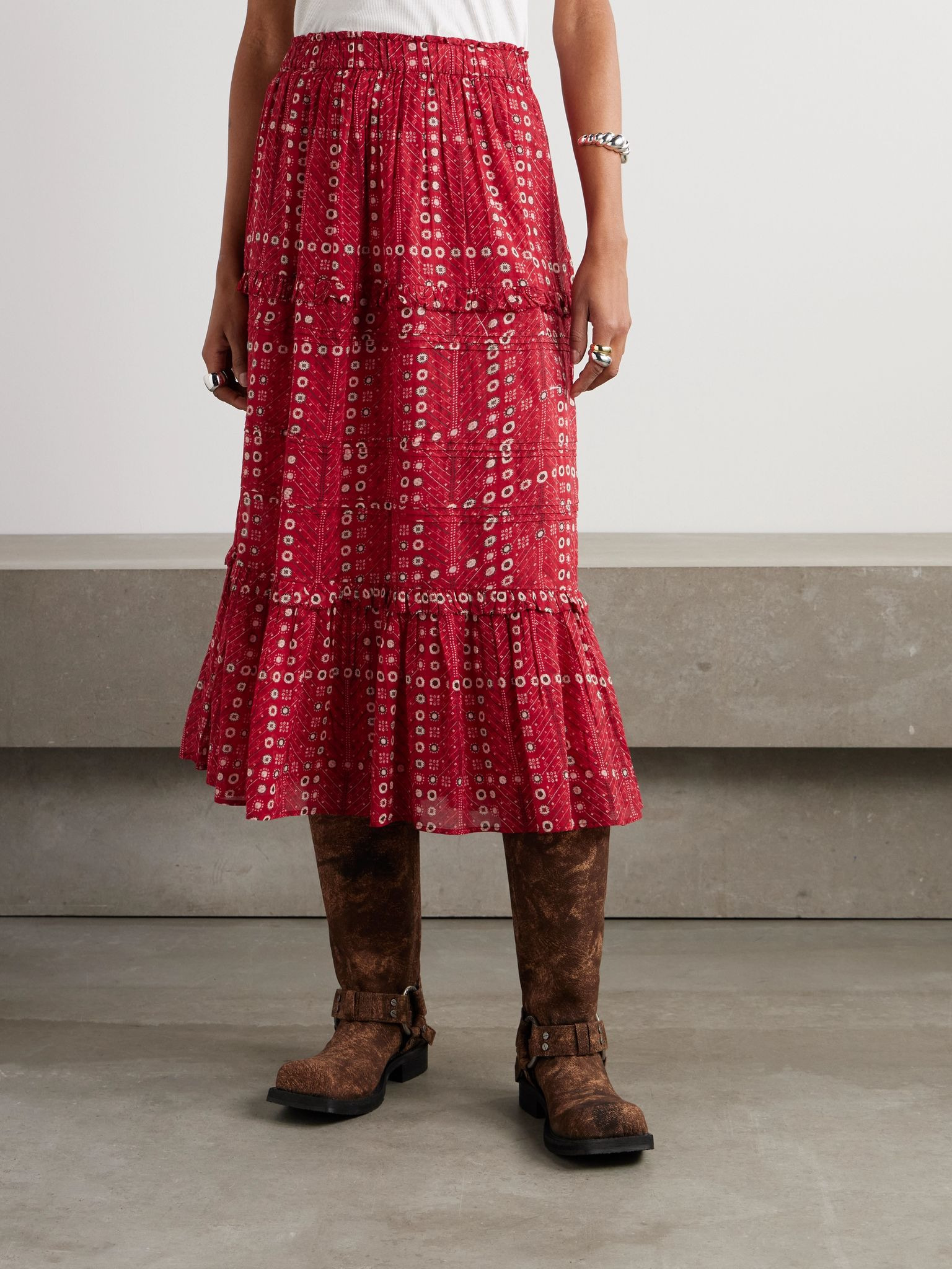 Diya tiered printed cotton-voile midi skirt Red - 3
