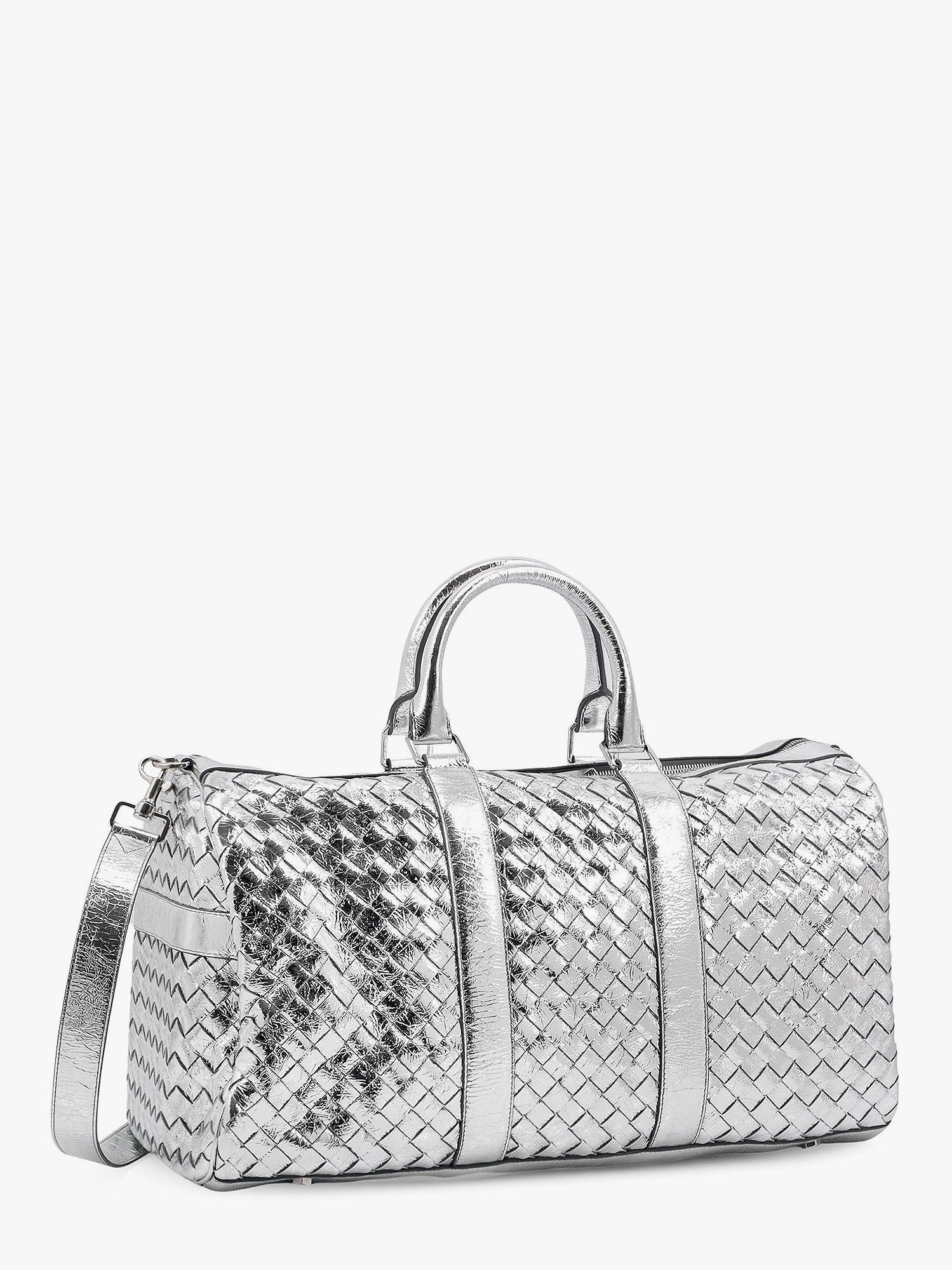 Bottega Veneta Silver Leather Duffle Bag With Intrecciato Motif - 3