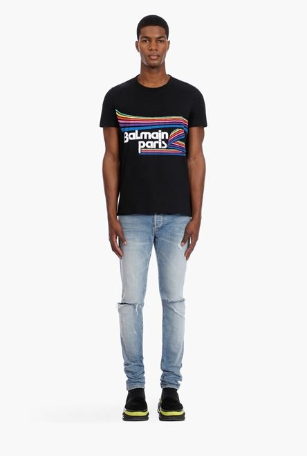 Black cotton T-shirt with multicolor rubber Balmain Paris logo - 4