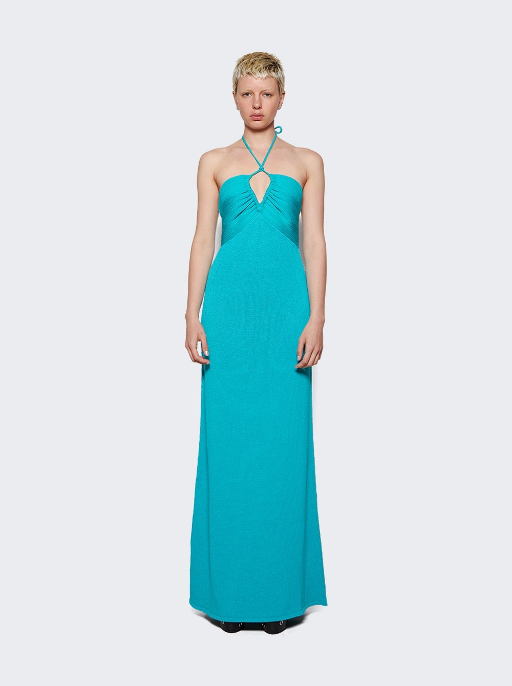 Textured Cotton Knit Halter Dress Teal - 3