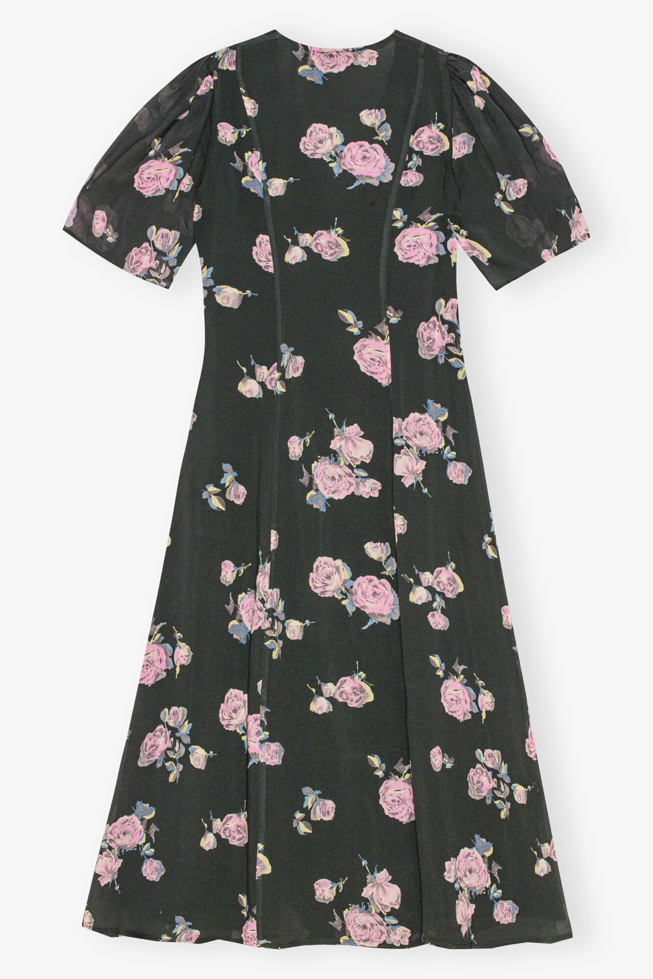 BLACK FLORAL CREPE WRAP MIDI DRESS - 6