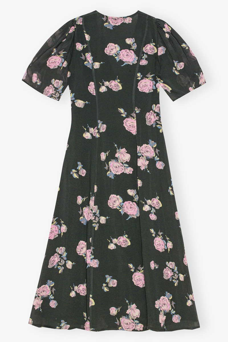 BLACK FLORAL CREPE WRAP MIDI DRESS 6