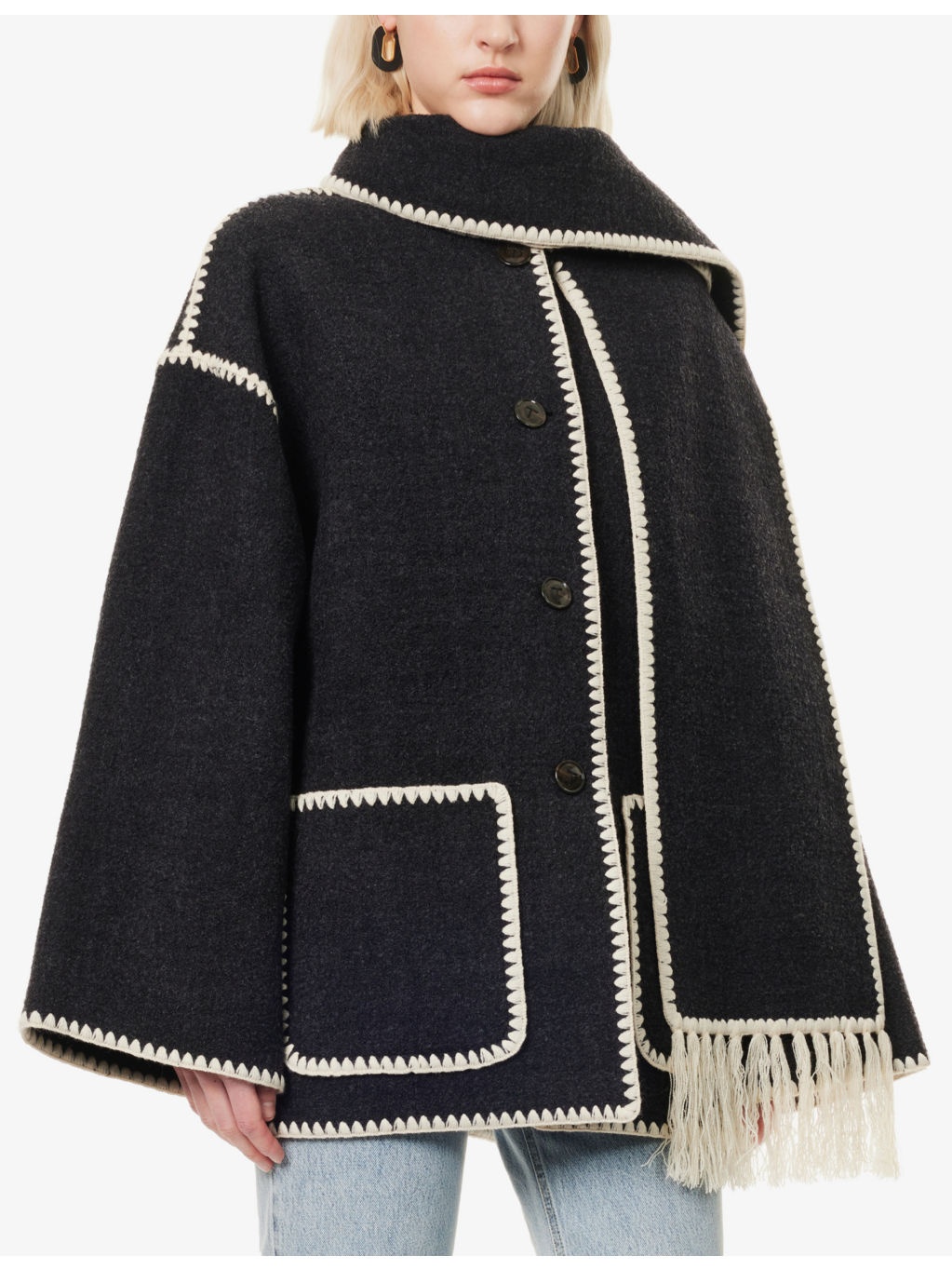 Embroidered-Trim Scarf Wool-Blend Jacket - 3