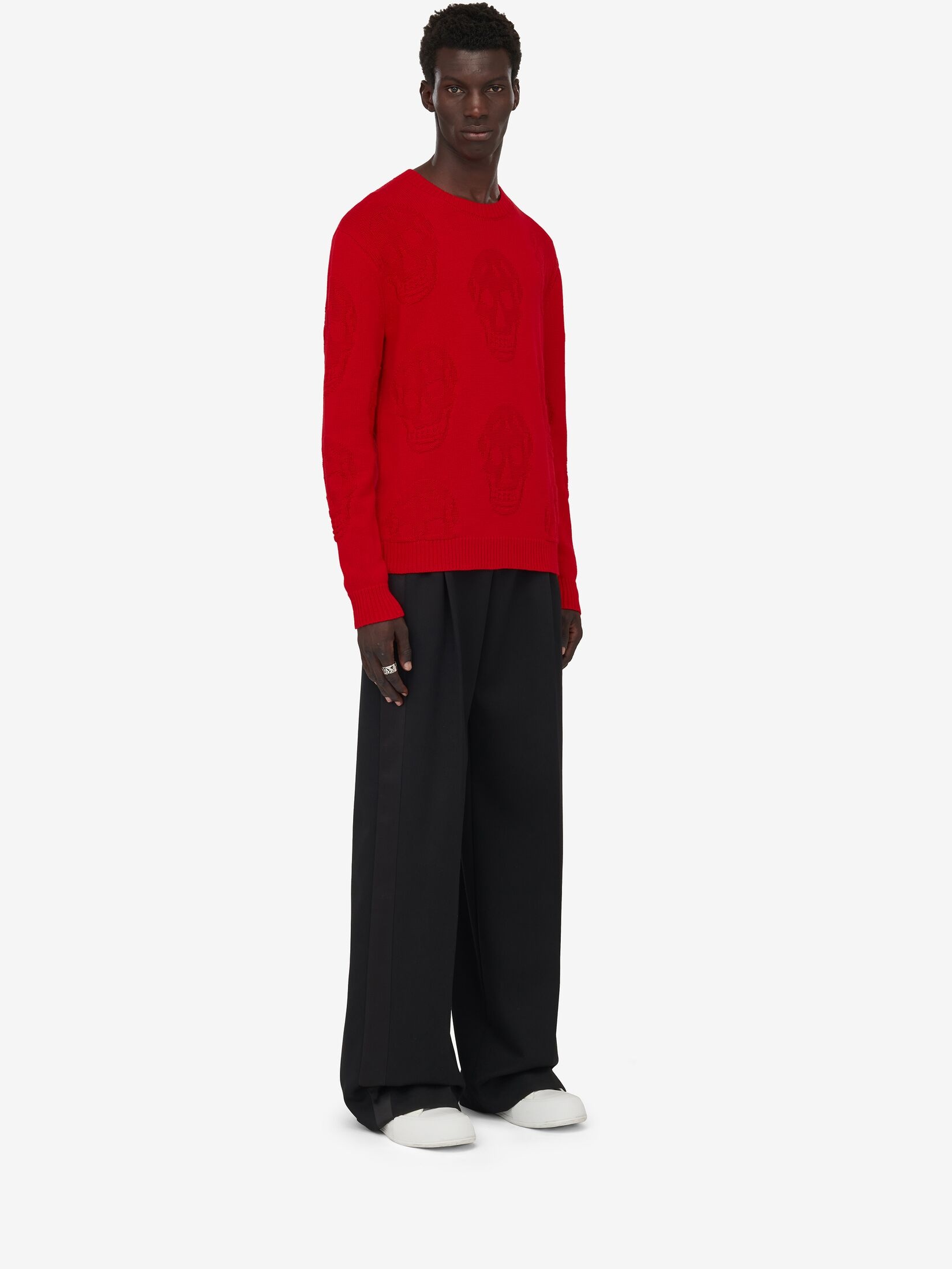 Men's Textured Skull Jumper in Scarlet - 3