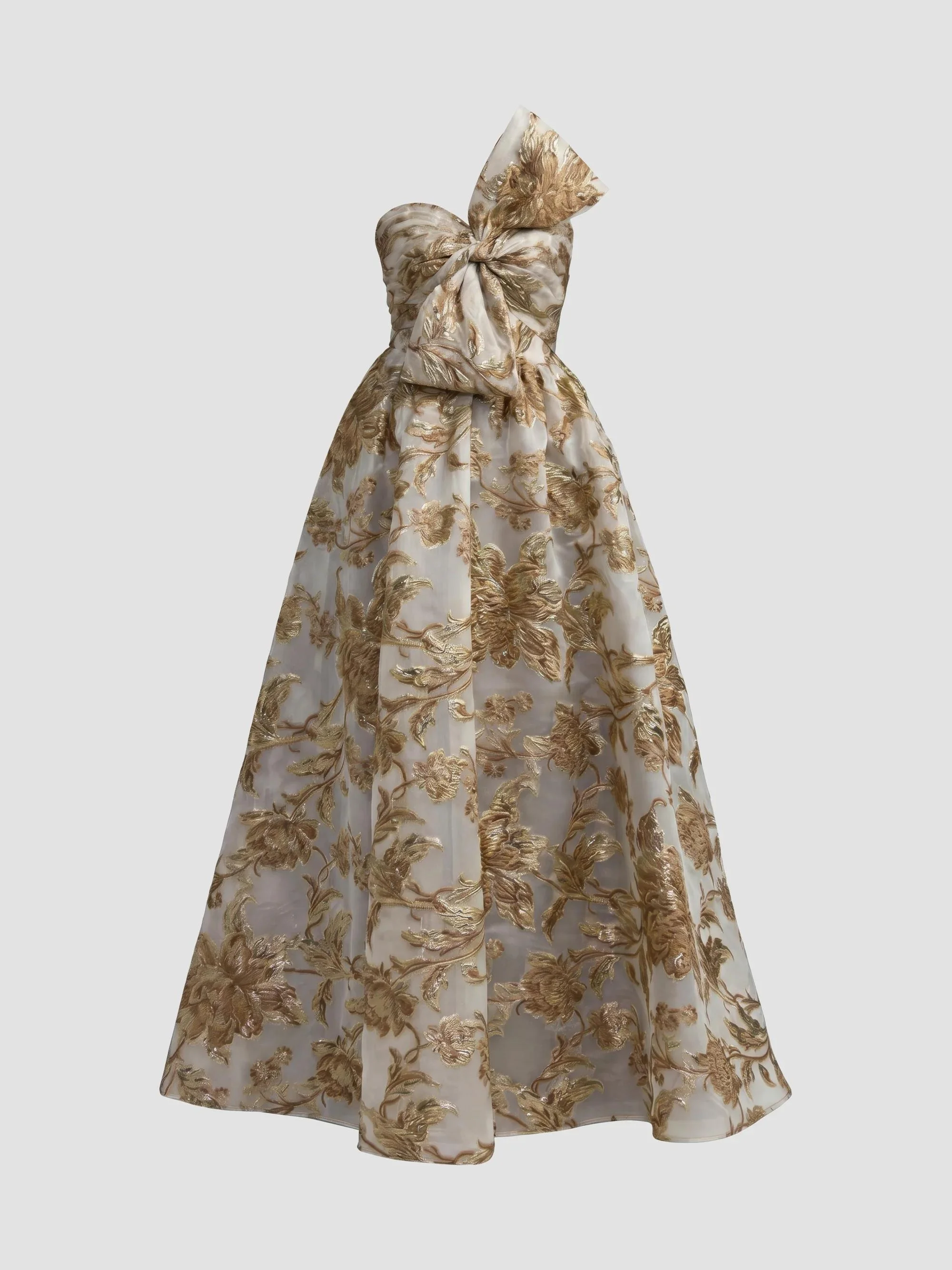 Women's Brocade Bow Strapless Floral Gown - Bronze - 1