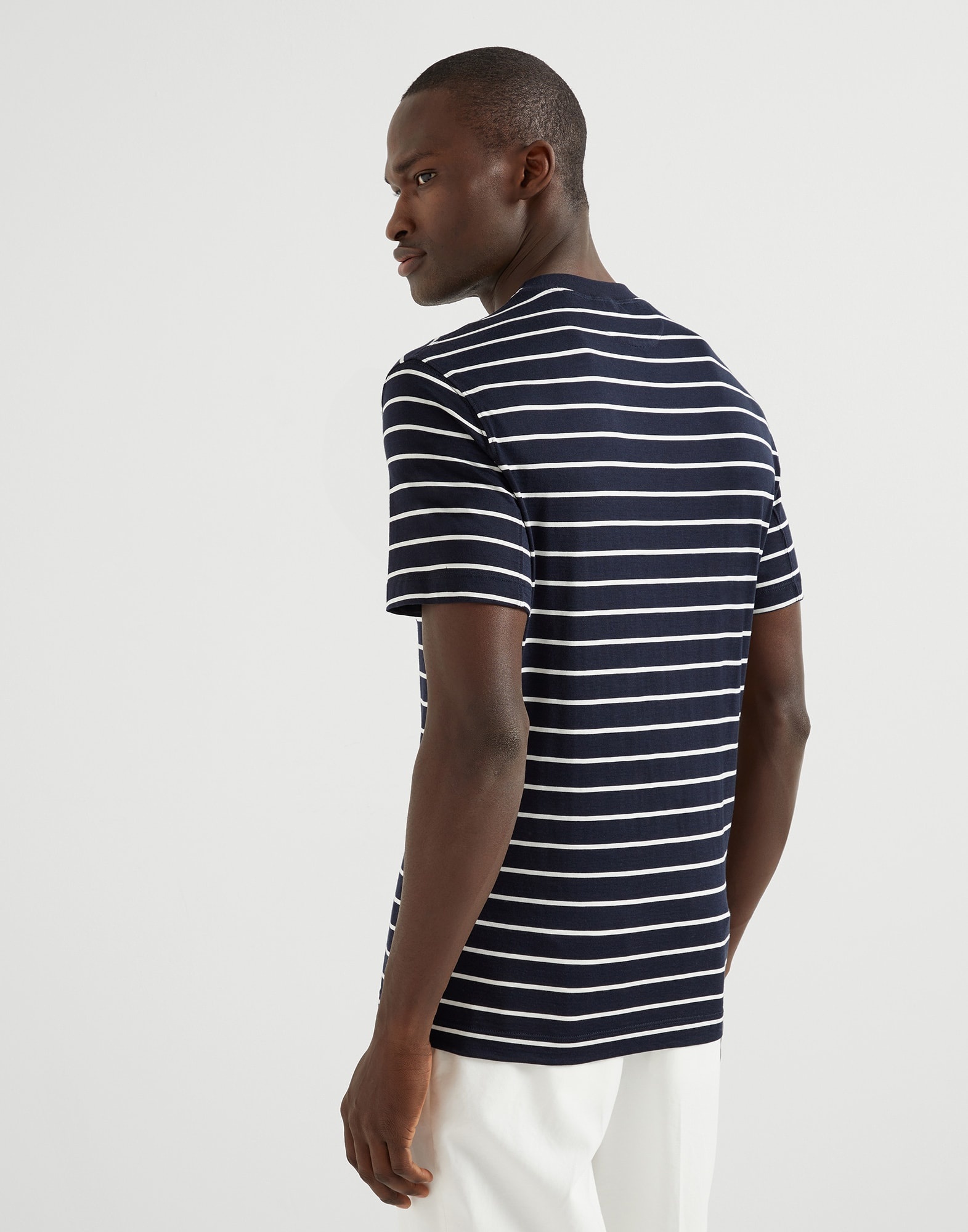 Silk and cotton striped jersey crew neck T-shirt with chest pocket - 2