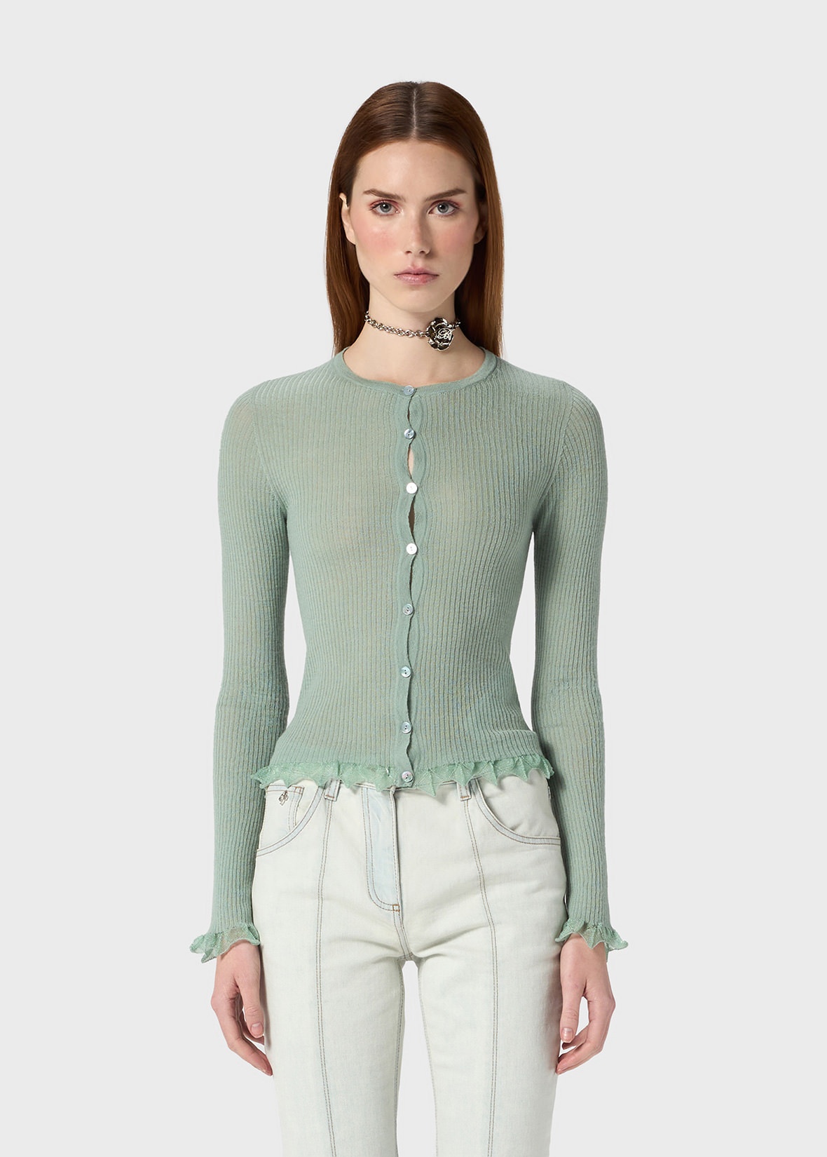 RIBBED CARDIGAN WITH LAMÉ SCALLOPED HEM - 3