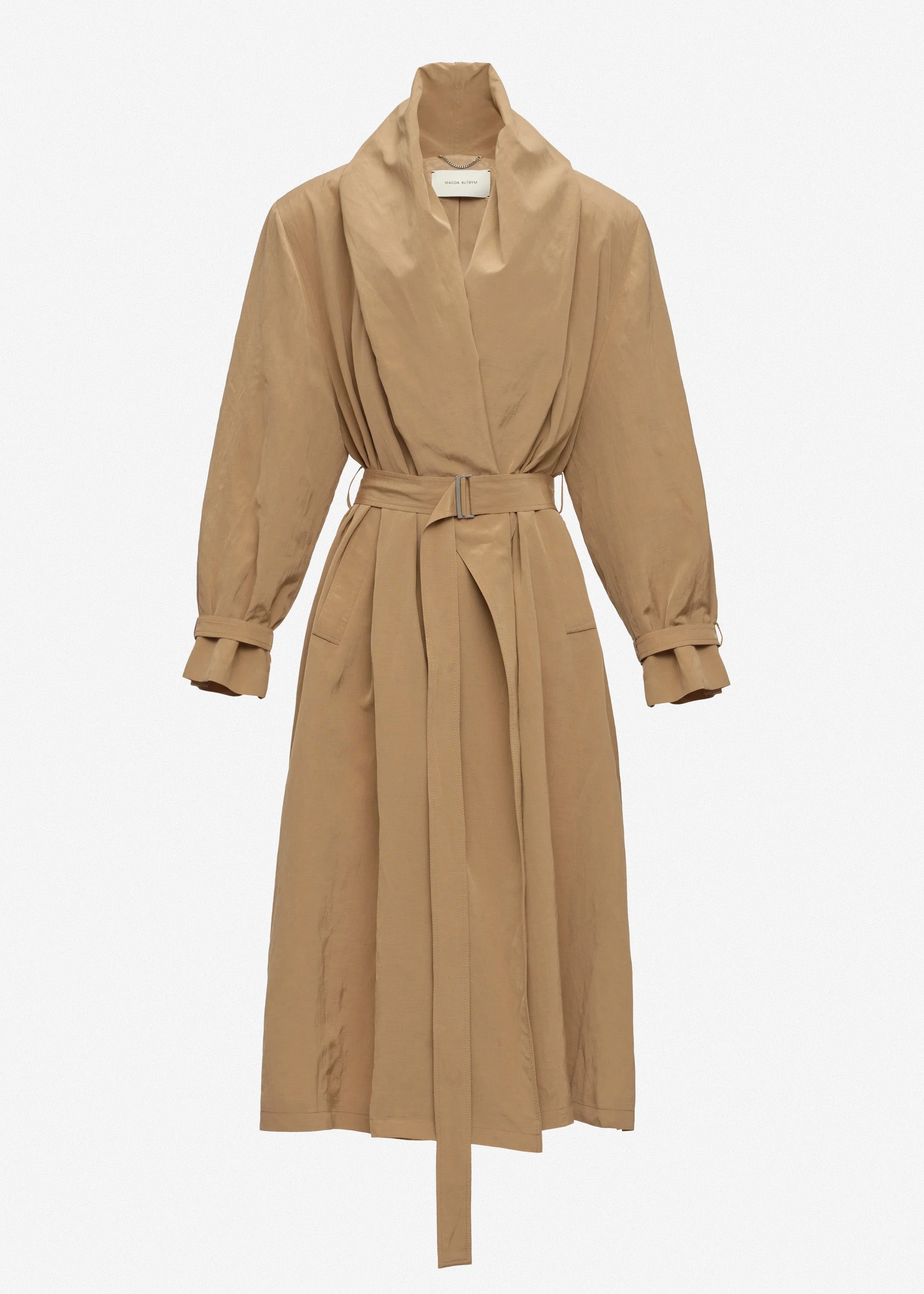 Draped collar viscose and linen trench in beige - 1