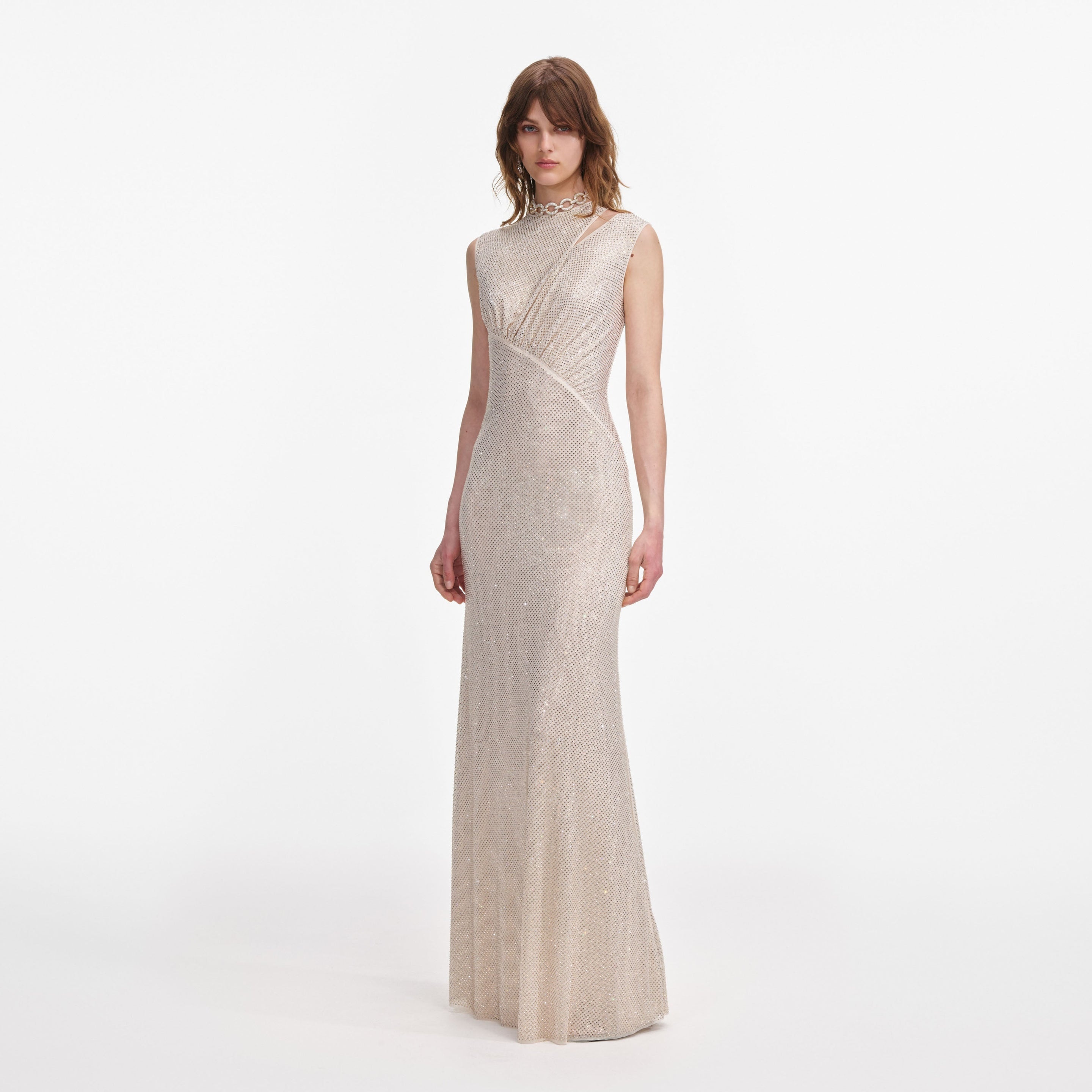 Champagne Rhinestone Cut Out Maxi Dress - 2
