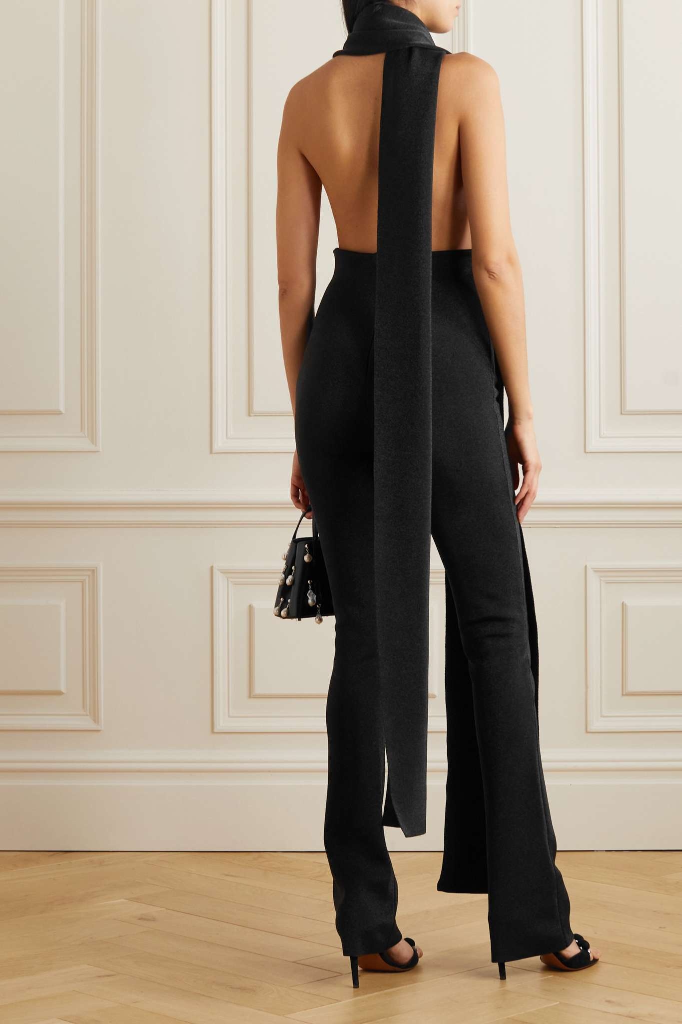 Scarf-detailed metallic wool-blend halterneck jumpsuit - 3