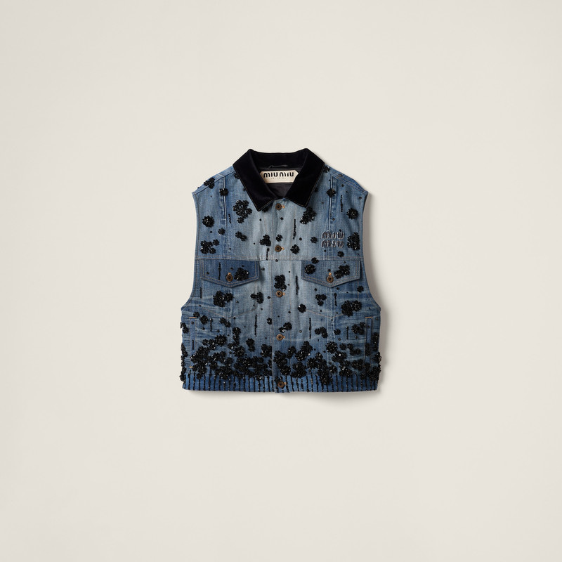 Embellished denim trucker vest 1
