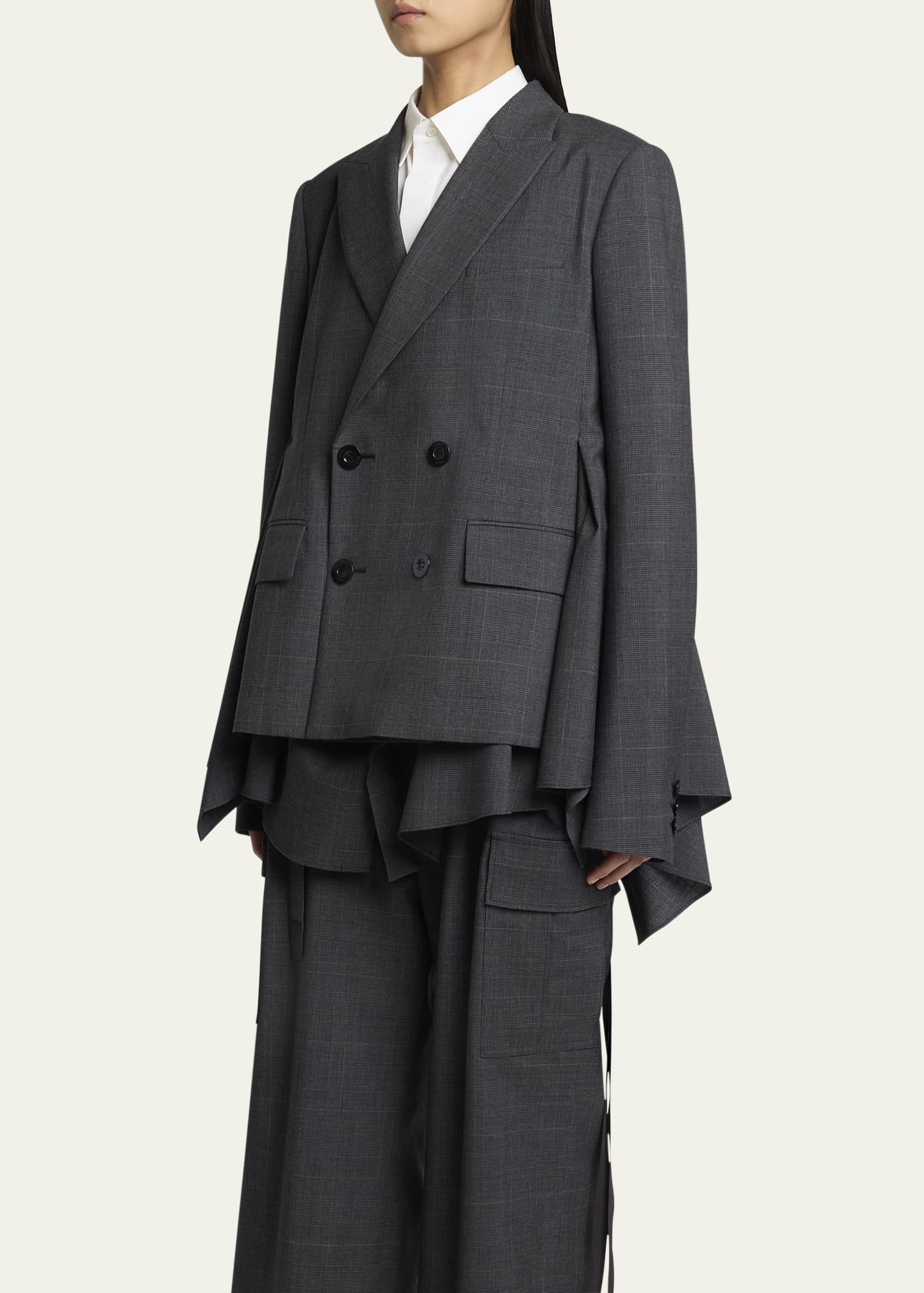Glen Check Ruffle Double-Breasted Jacket - 4