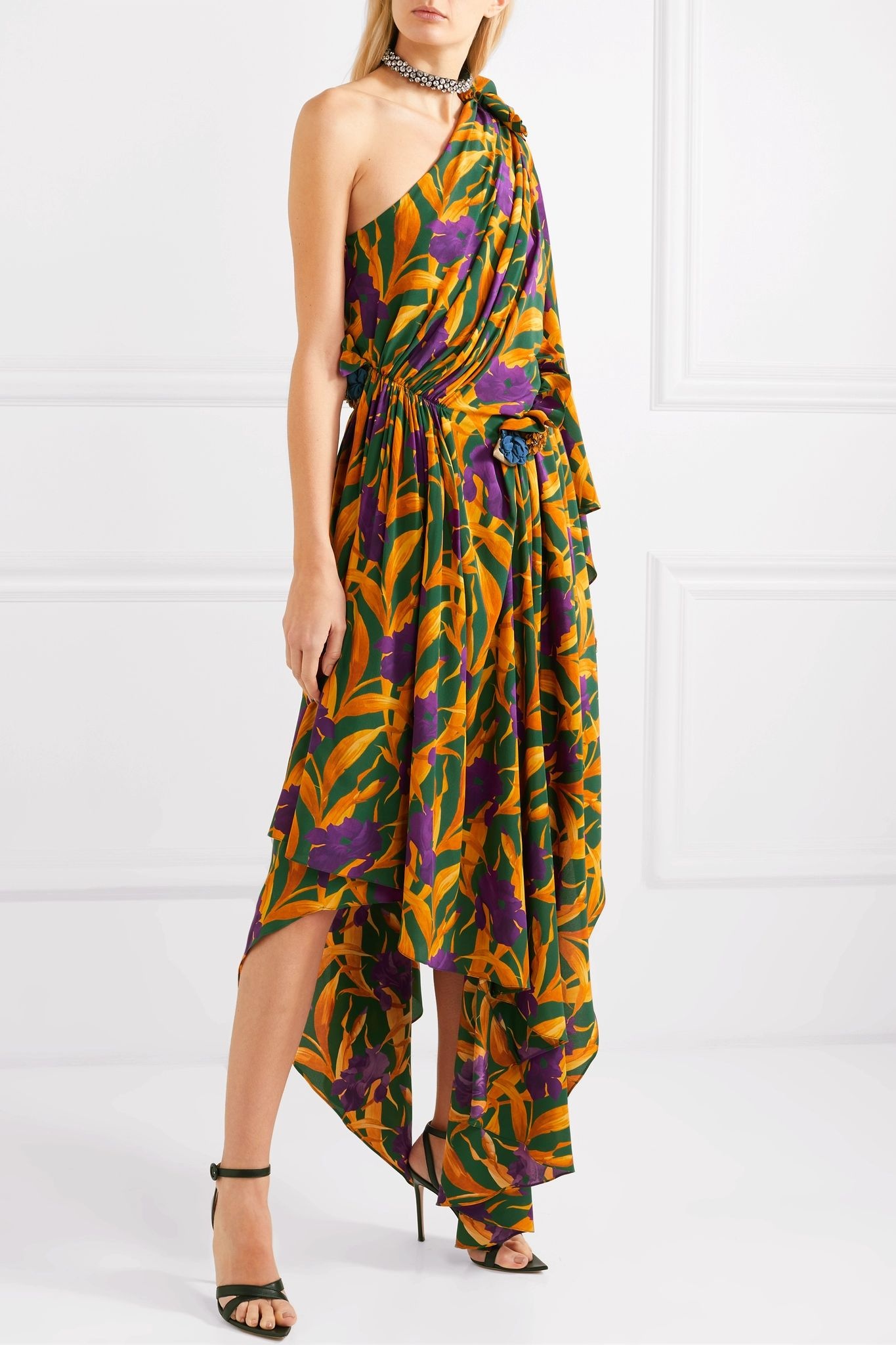 One-shoulder appliquéd printed silk crepe de chine dress - 3