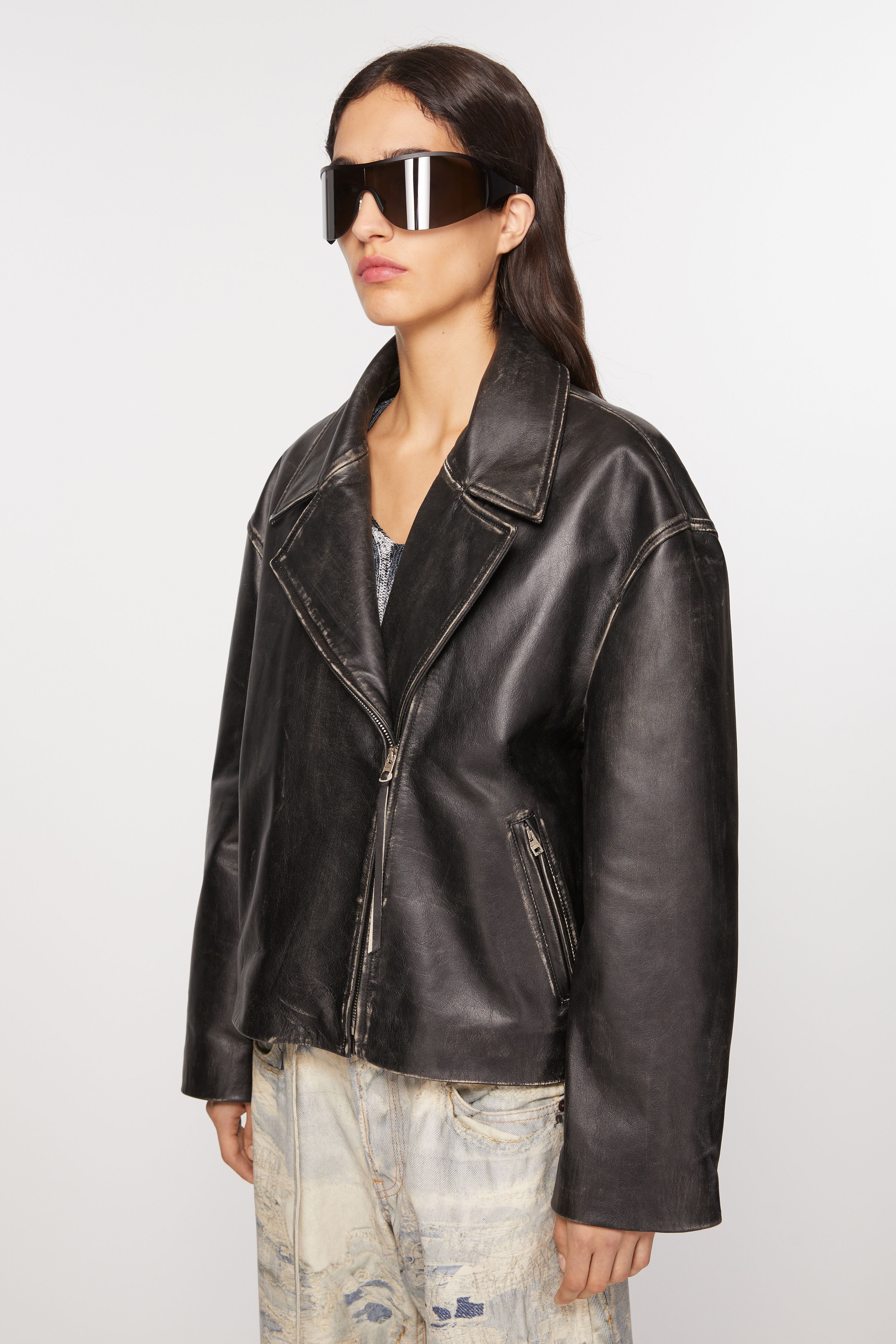 Sanded leather biker jacket - Black - 3