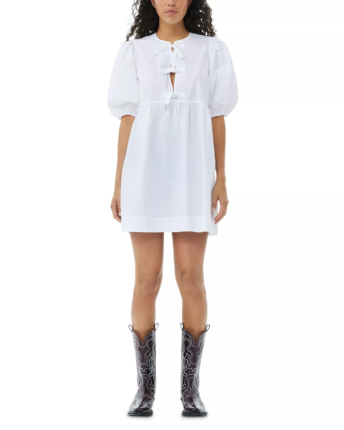 White Cotton Poplin Tie String Mini Dress - 2