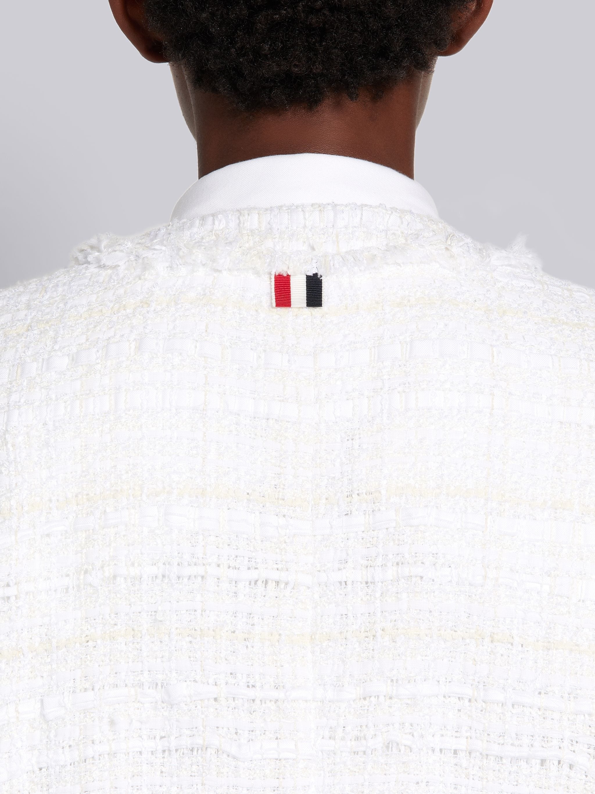White Cotton Oxford Ribbon Tweed Frayed Crewneck Cardigan Overcoat - 5