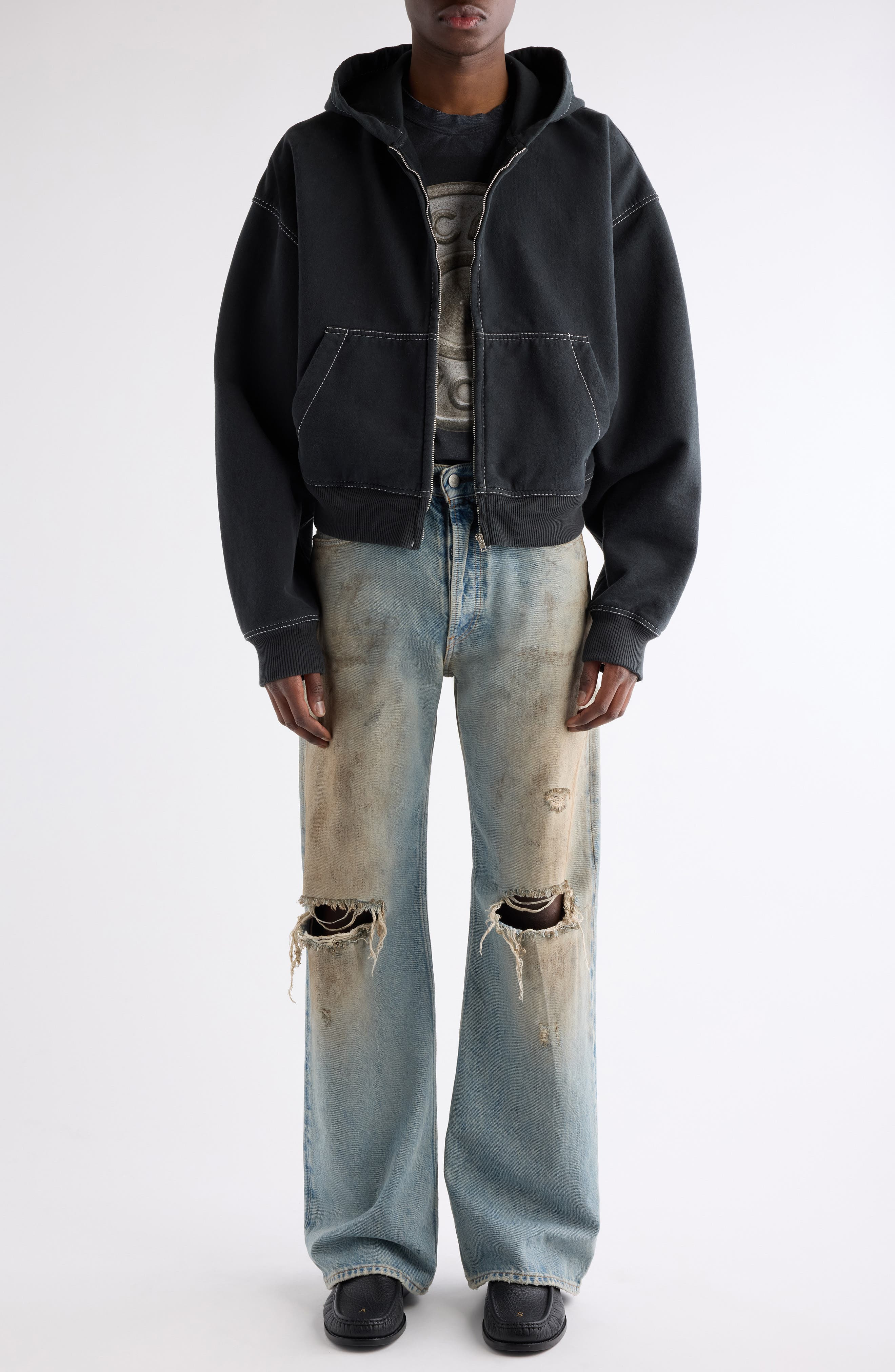 Acne Studios Foscar U Autograph Logo Embroidered Zip Hoodie in Faded Black at Nordstrom - 2