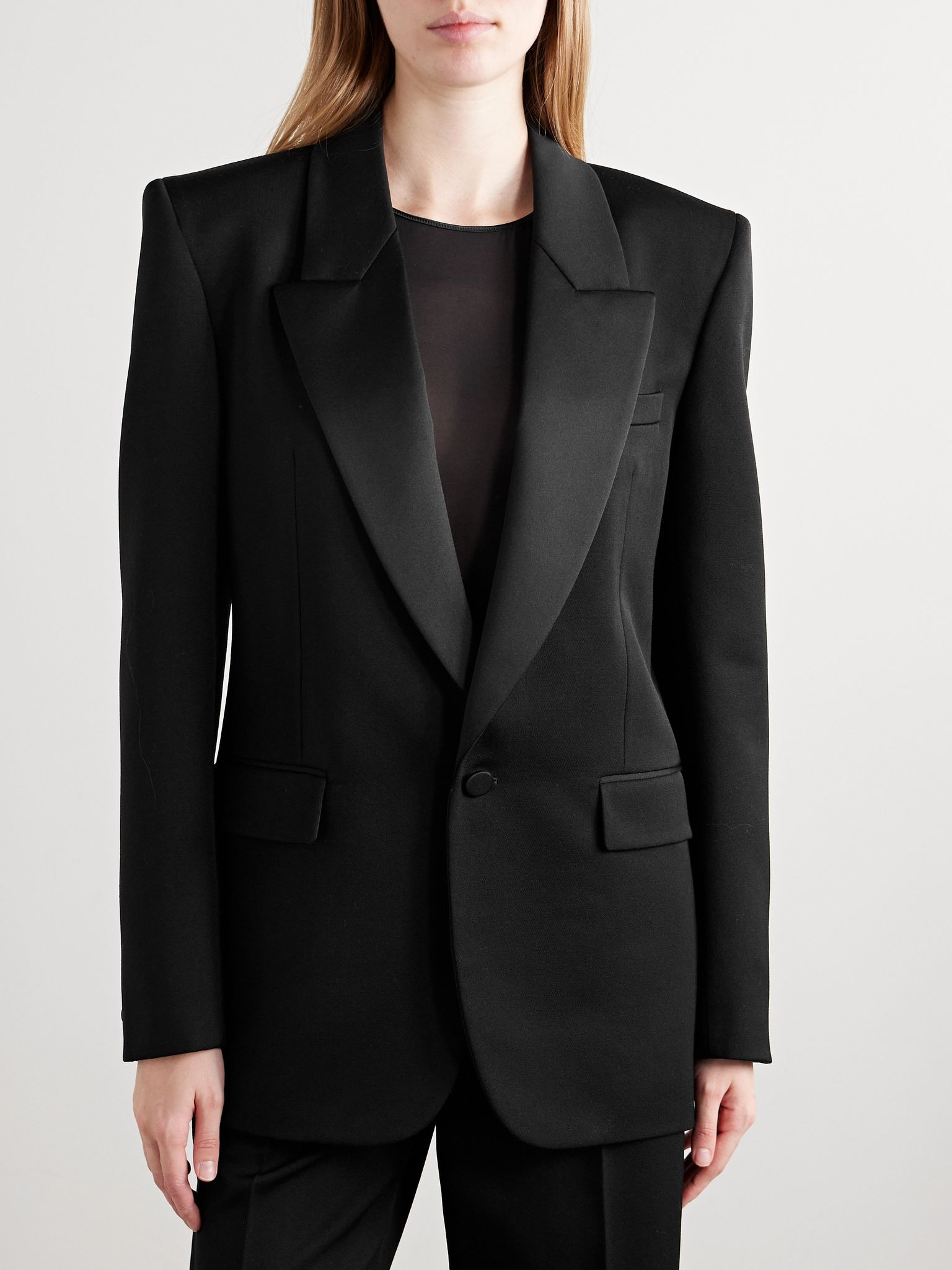 Satin-trimmed wool blazer Black - 3