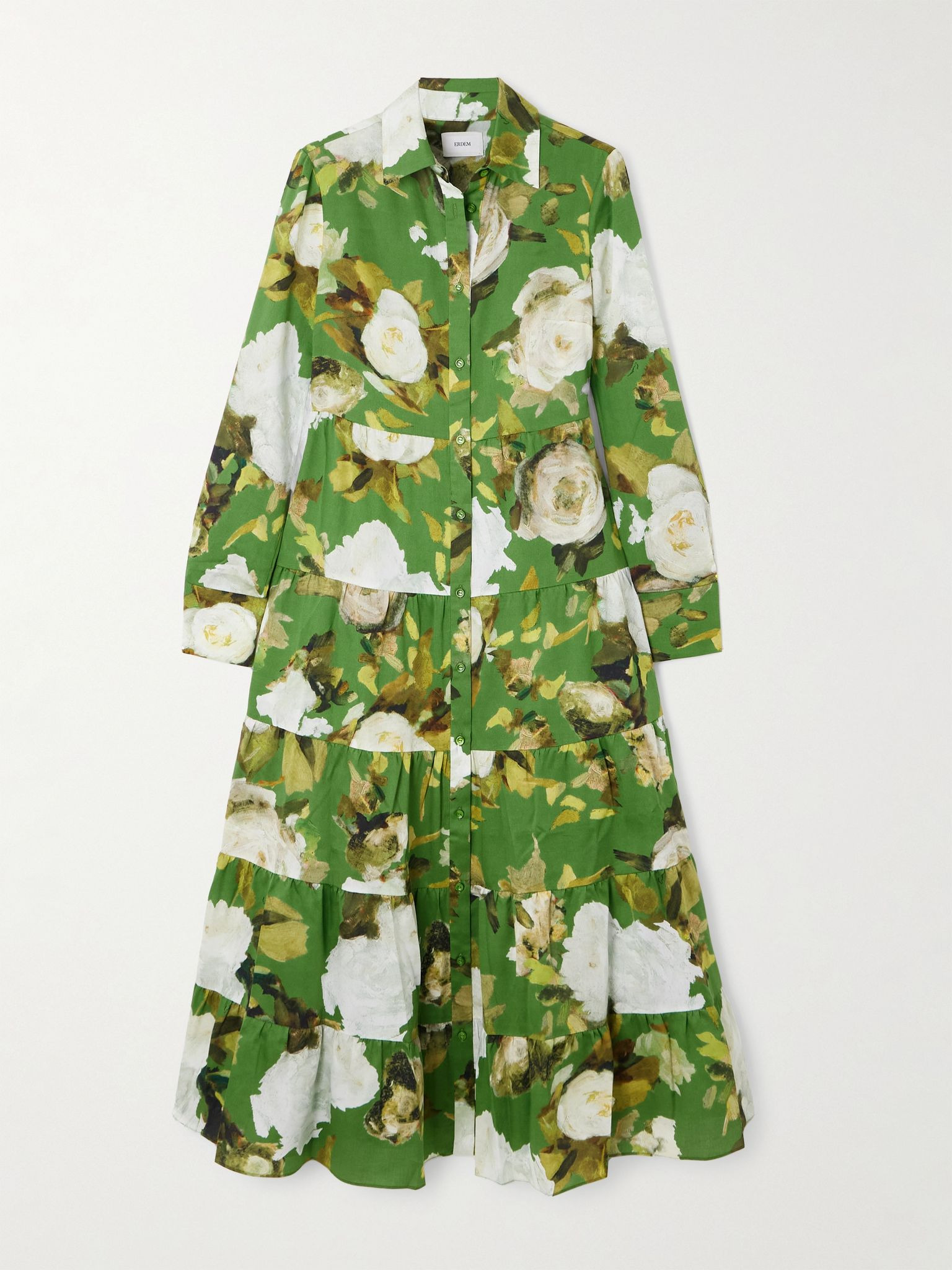 Tiered floral-print cotton-voile midi shirt dress Green - 1