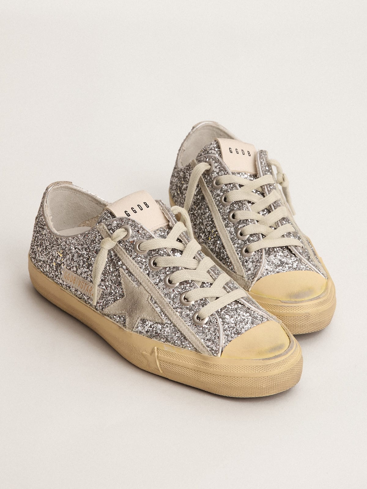 Super-Star with gold glitter star and ice-gray suede inserts