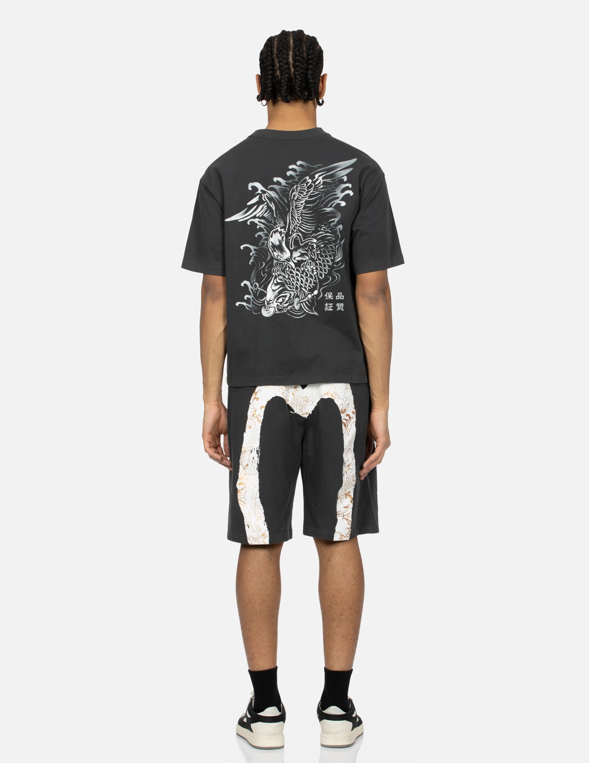 SEAGULL EMBROIDERY AND BRUSHSTROKE KOI SEAGULL DAICOCK PRINT RELAX FIT SWEAT SHORTS - 5