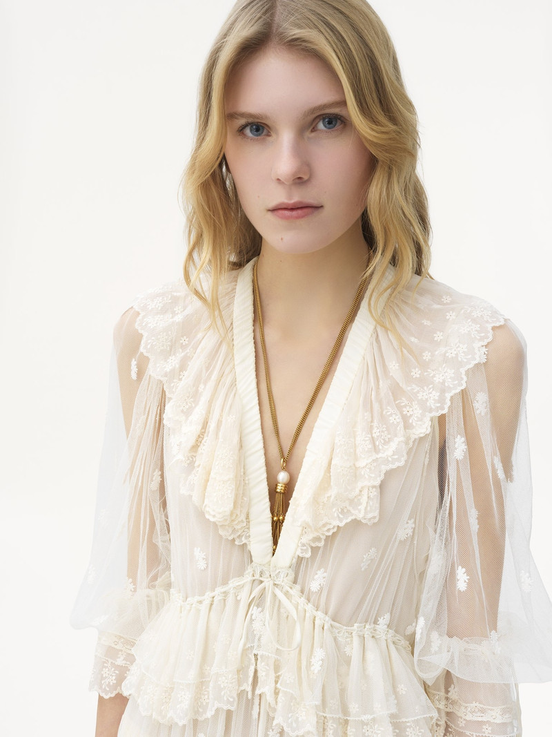 GATHERED V-NECK LONG DRESS IN EMBROIDERED LACE 5