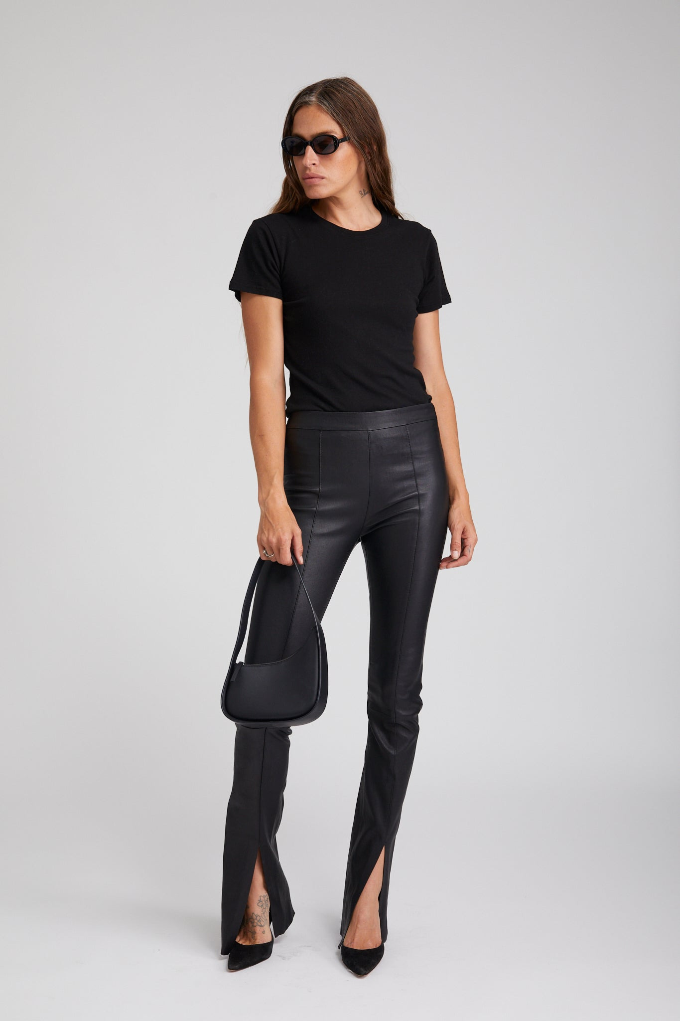 BLACK LEATHER FRONT SLIT MICRO FLARE PANTS - 2