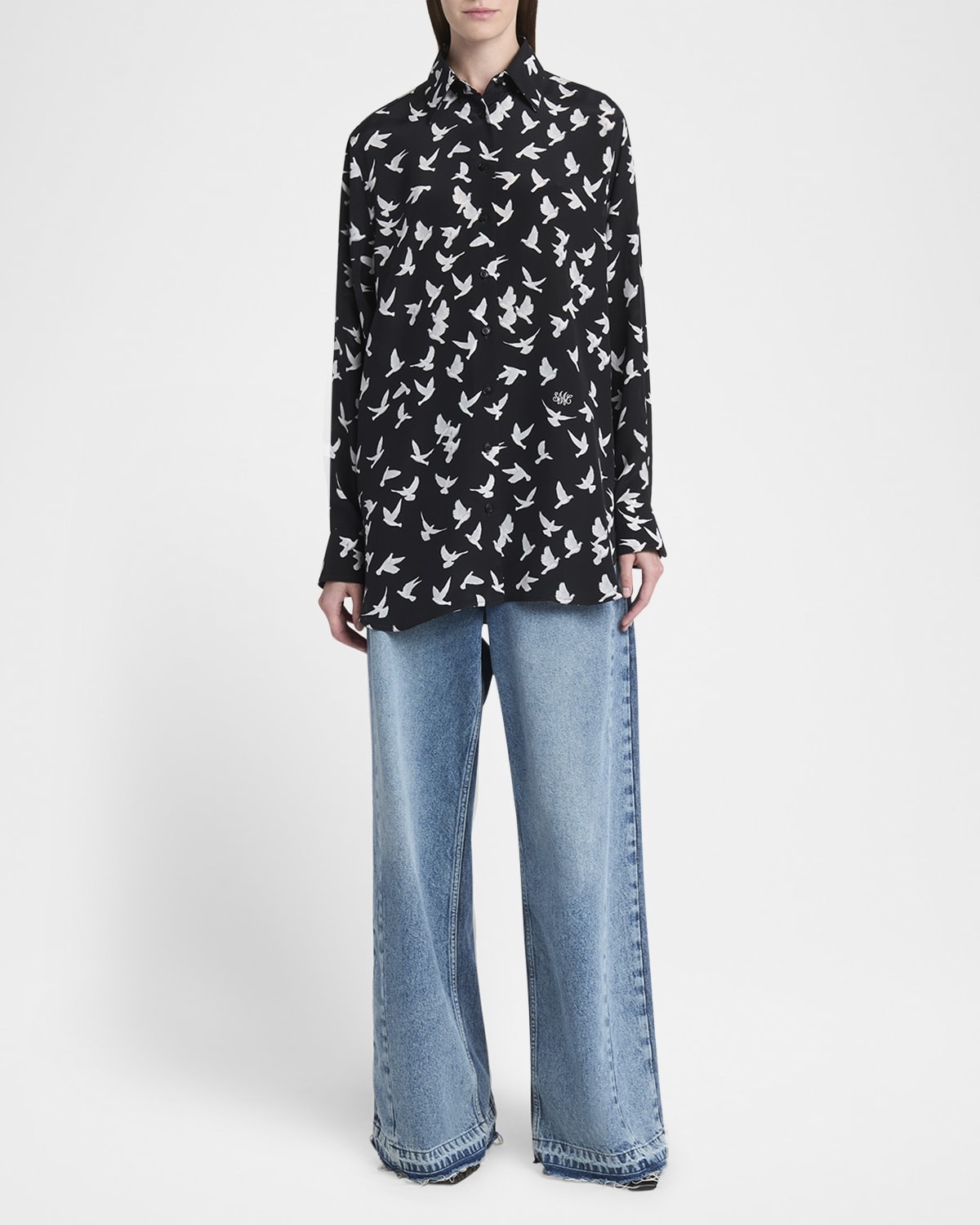 Flying Bird Silk Oversized Button-Down Shirt - 2