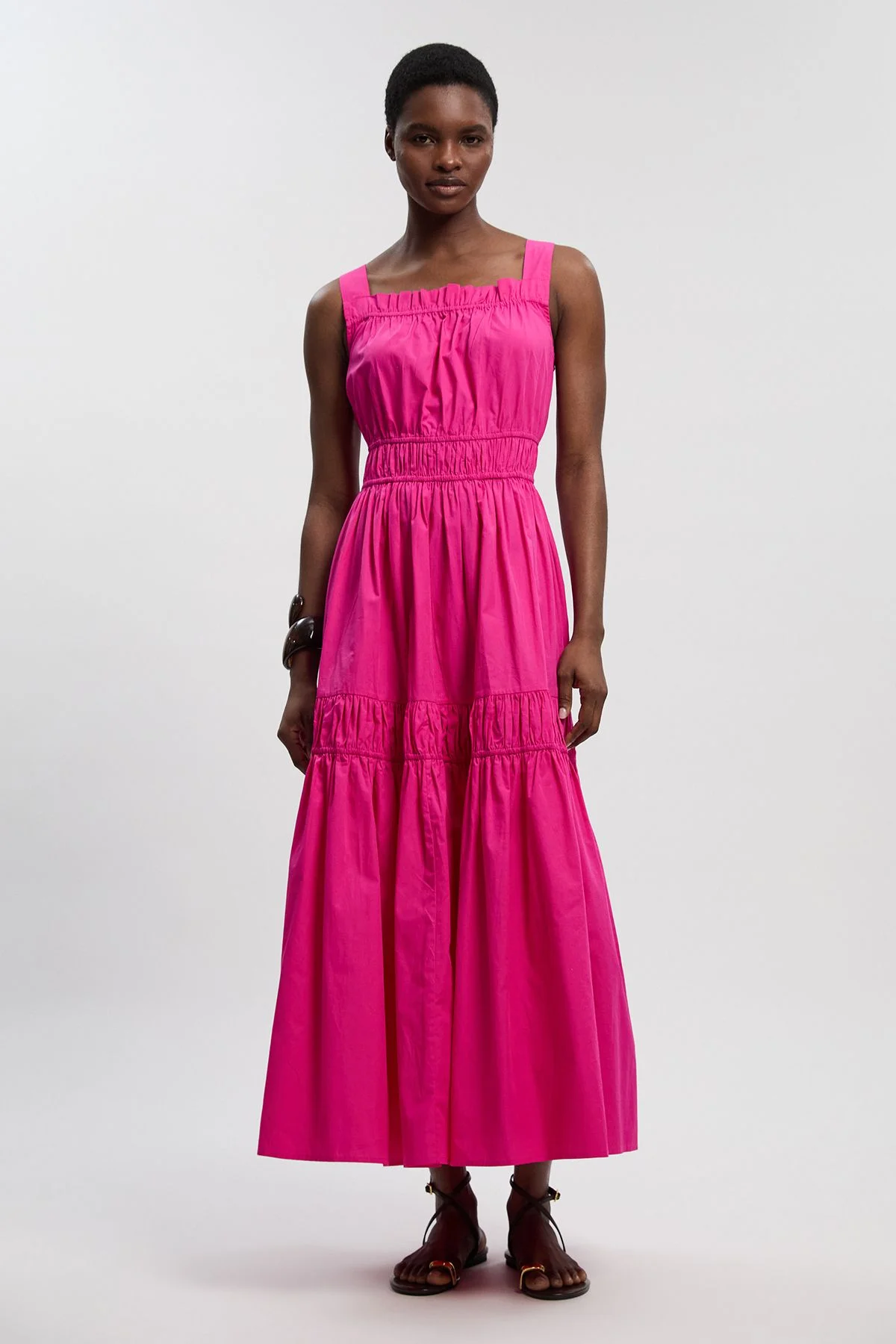 Shirred Cotton Tiered Woven Strappy Maxi Dress - 1