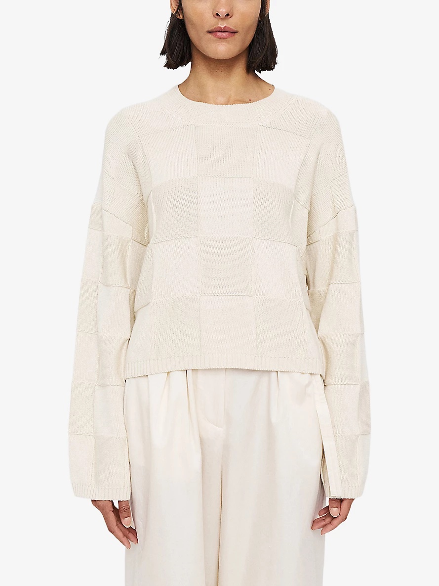 Vichy crew-neck textured silk and cotton-blend jumper - 3