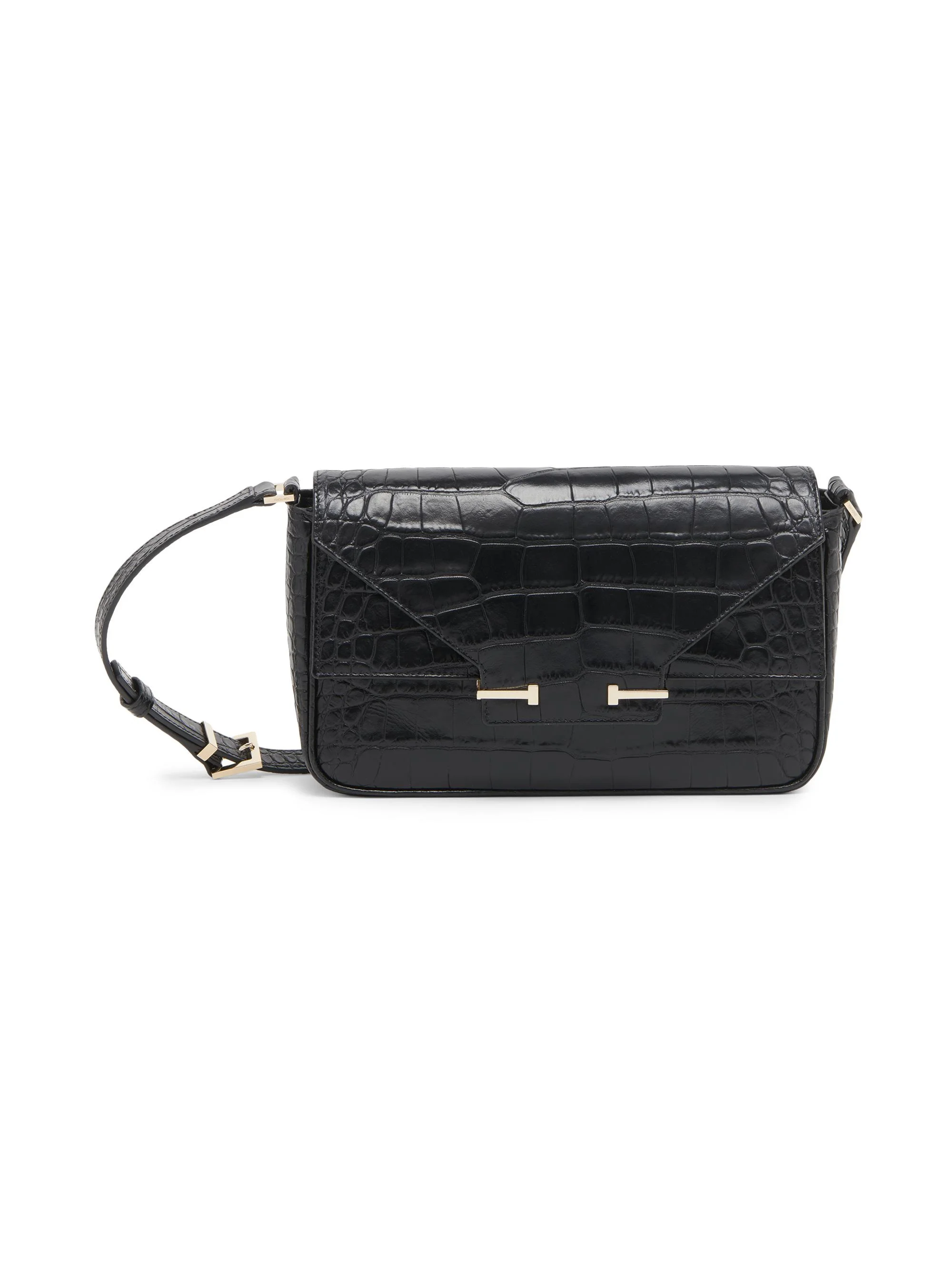 Women's Small Croc-Embossed Leather Shoulder Bag - Black - 1
