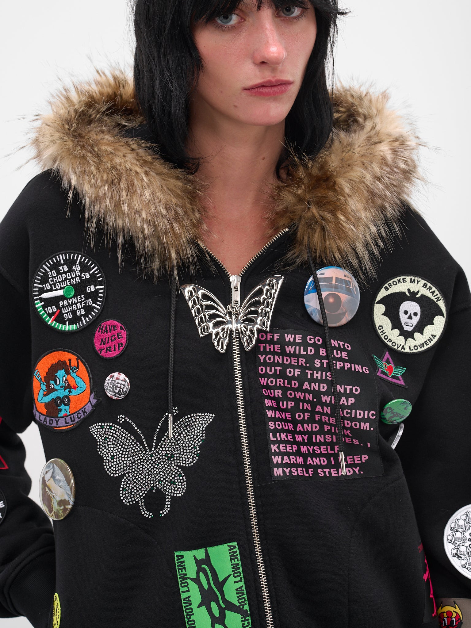 Black Fur Trim Patch Hoodie - 4