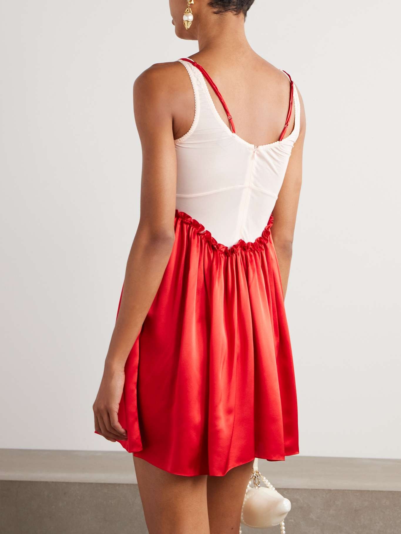 Ruffled pleated jersey-trimmed silk-satin mini dress Red - 4