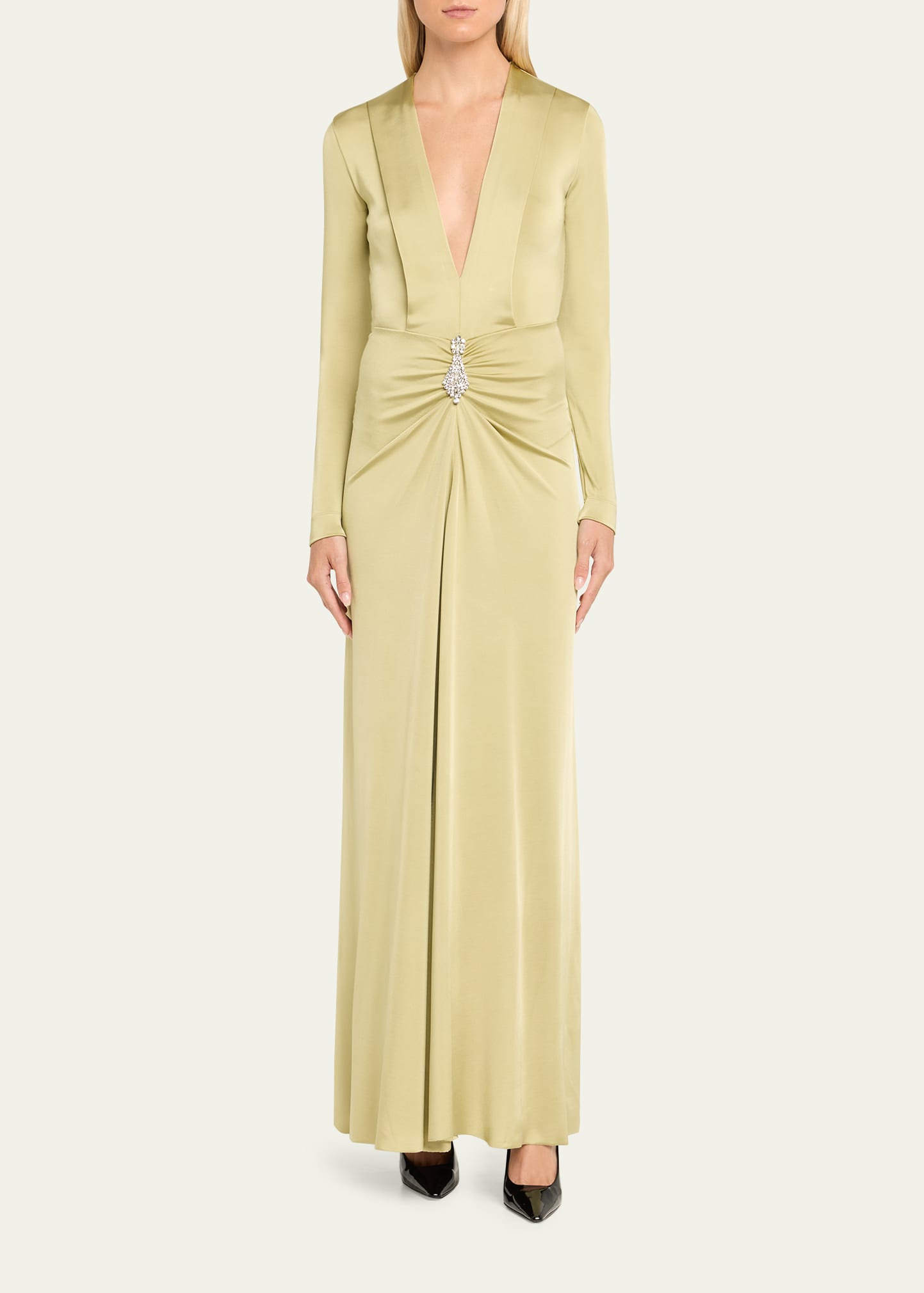 Plunging Gathered Crystal Long-Sleeve Gown - 2