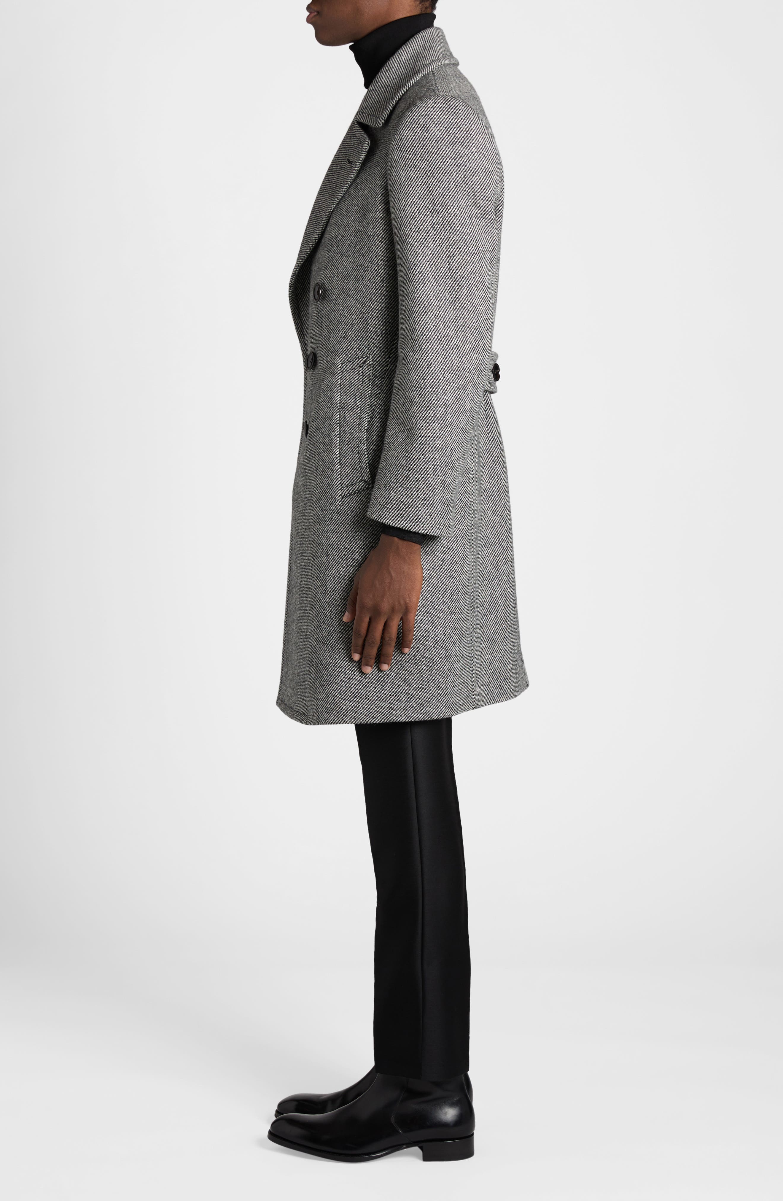 TOM FORD Double Breasted Wool Mouliné Twill Coat in Black/White at Nordstrom - 3