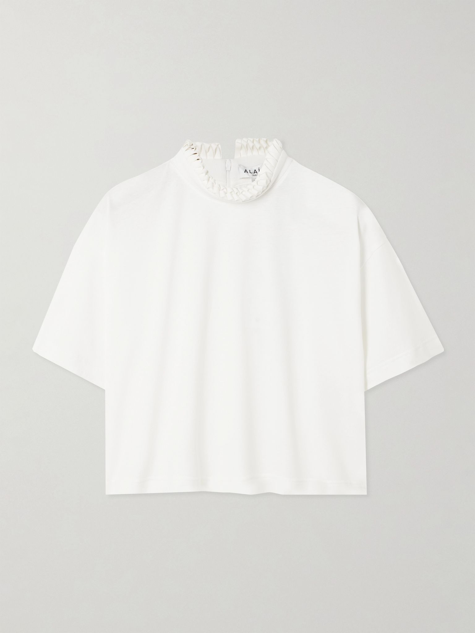 Cropped ruffled cotton-jersey turtleneck T-shirt White - 1