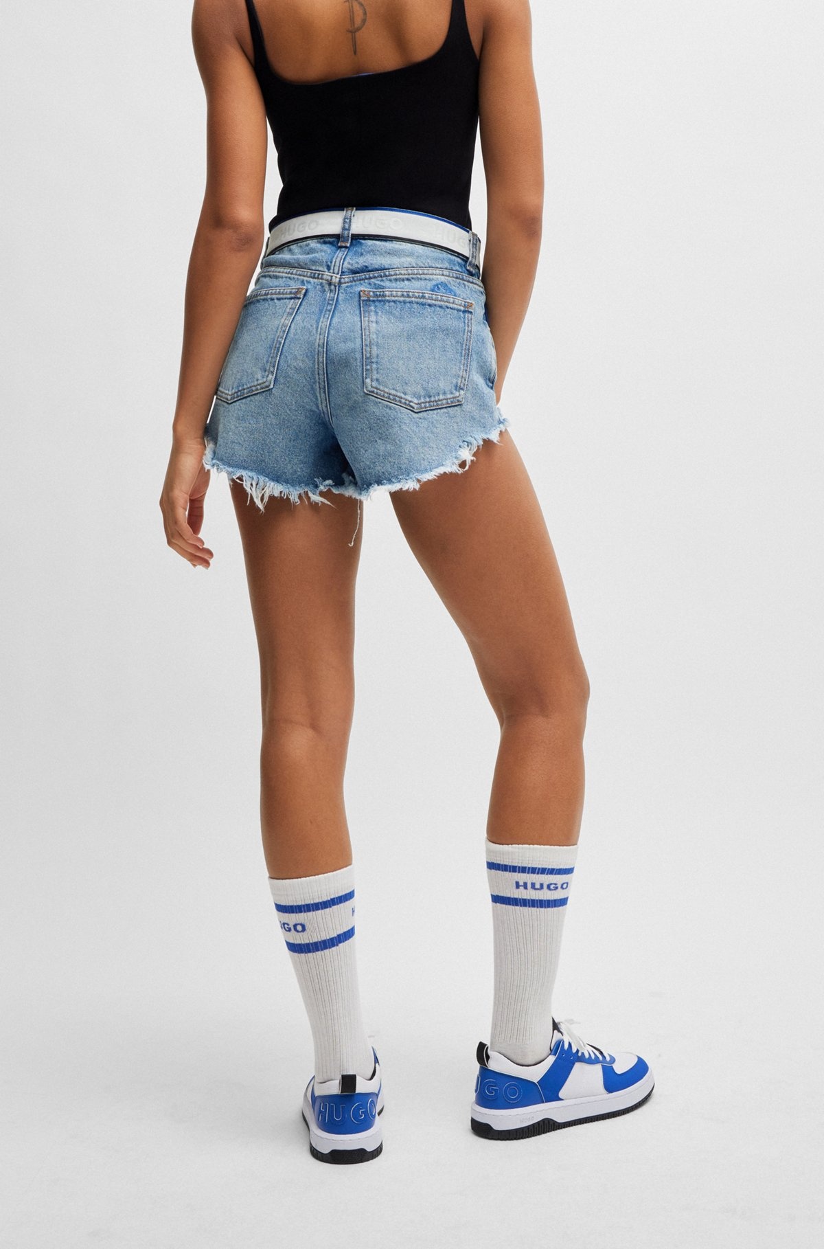 LIGHT-BLUE DENIM SHORTS WITH LOGO-TAPE WAISTBAND - 4