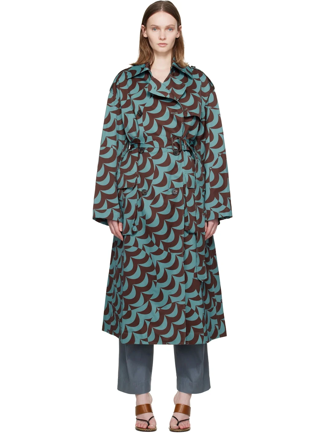 Blue & Brown Double-Breasted Trench Coat - 1
