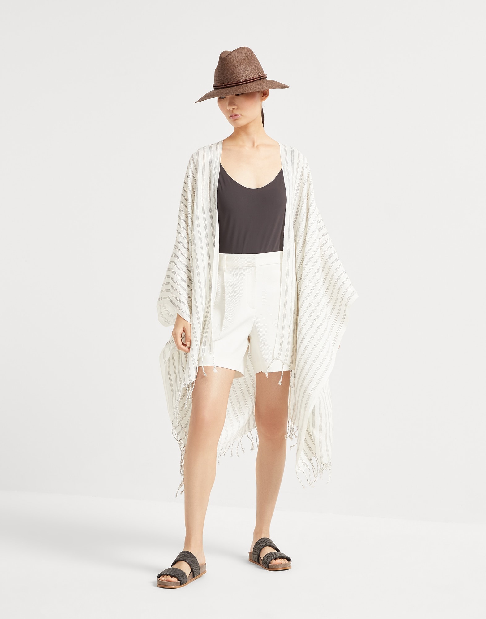 Striped linen poncho with fringe - 5