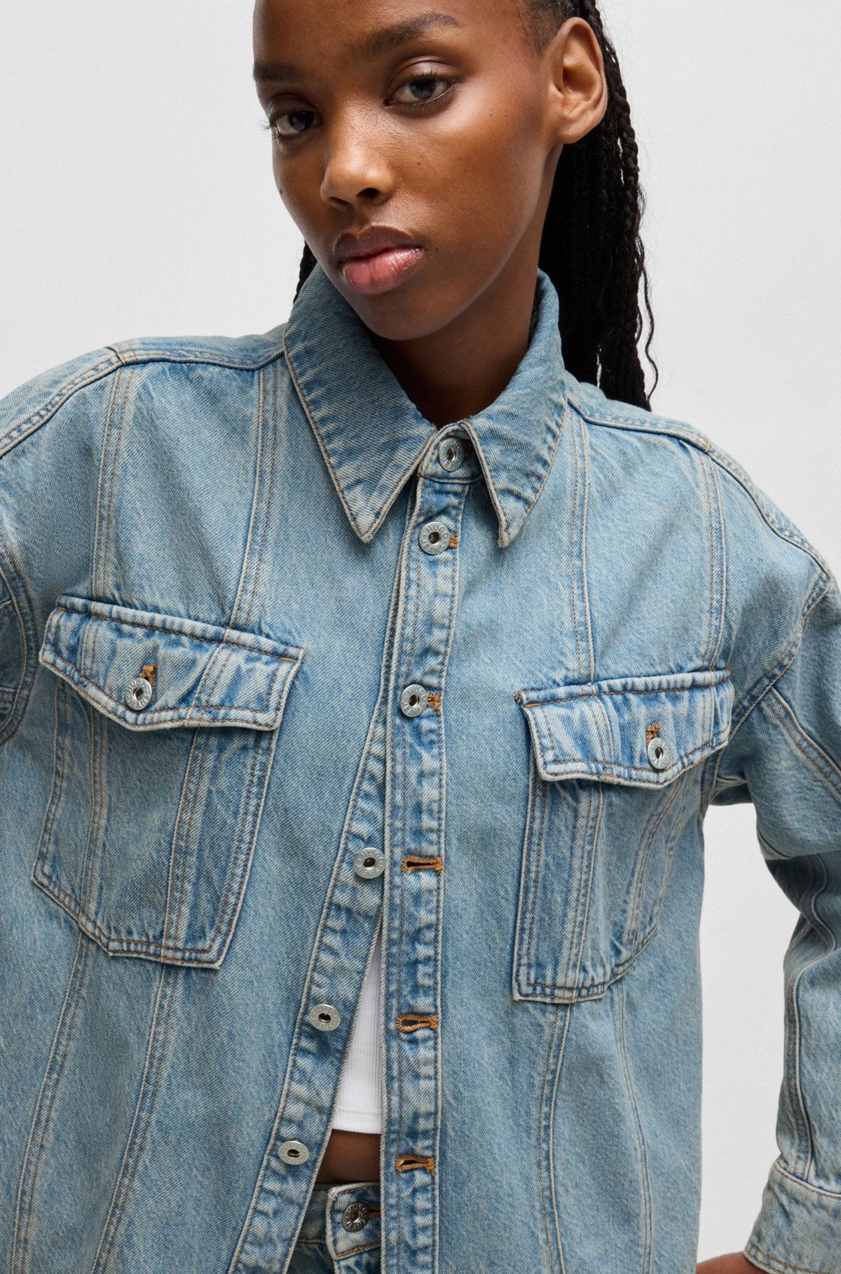 LONG-LENGTH BLUE-DENIM SHIRT WITH PATCH POCKETS - 5
