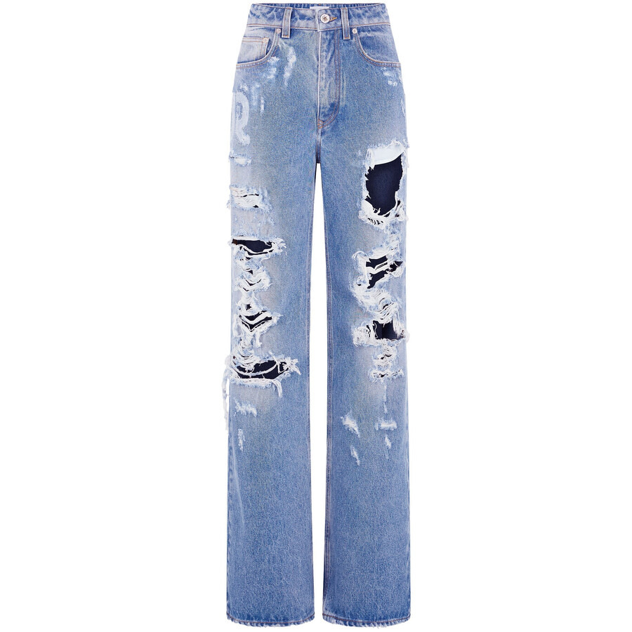 Rabanne Ladies Blue Ripped-Detailing Cotton Wide-Leg Jeans - 5