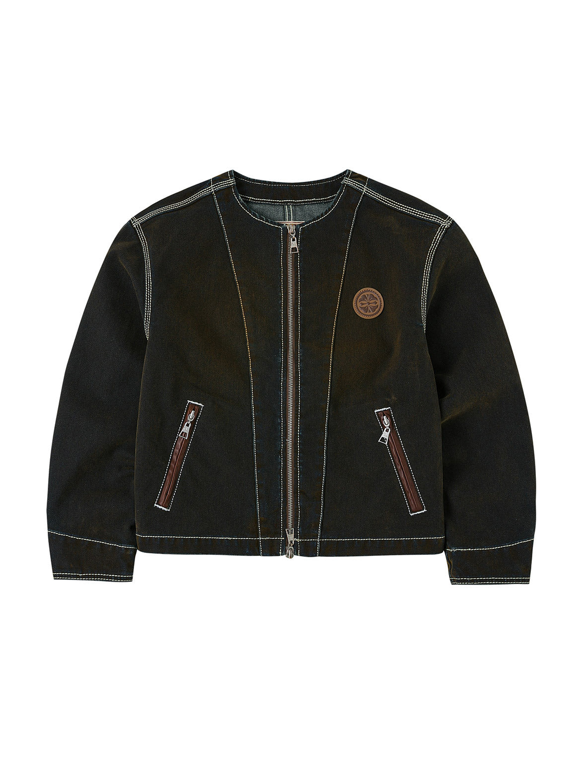 Contrast Stitch Design and Kamon Leather Label Regular Fit Denim Jacket - 11