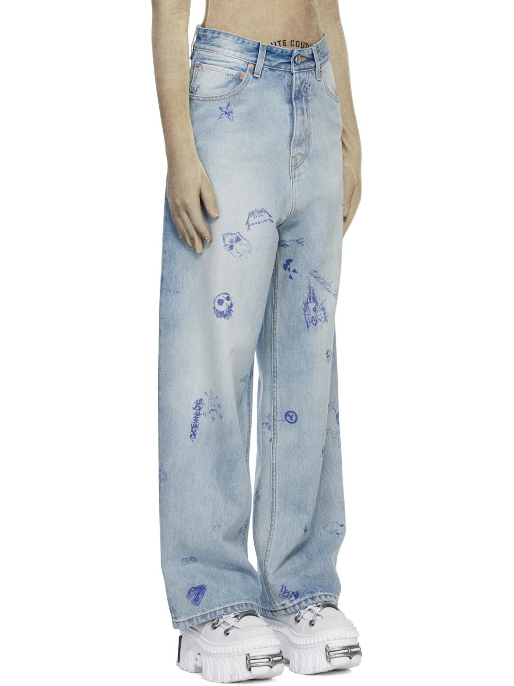 Blue Scribbled Baggy Jeans - 2