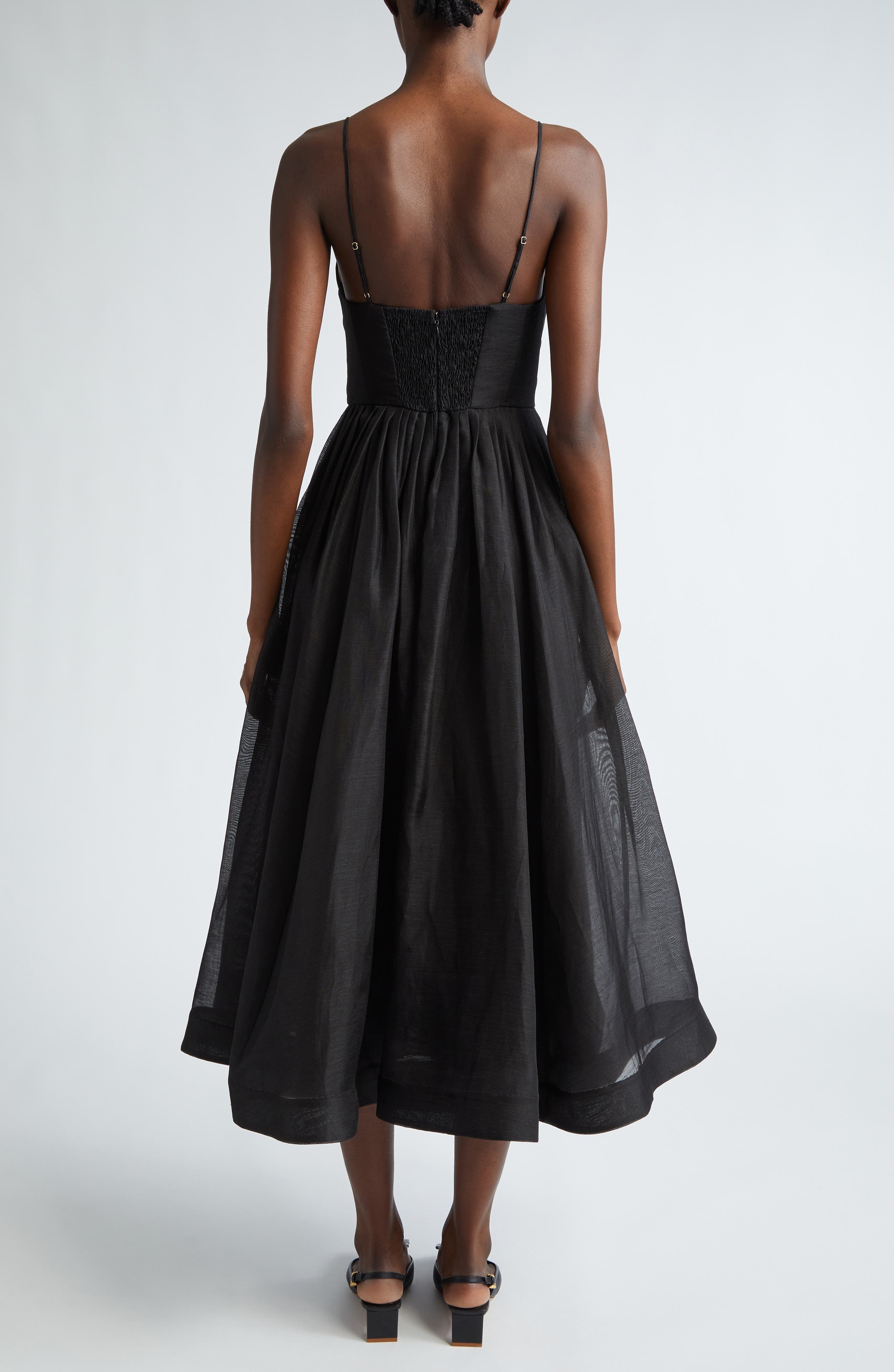 Zimmermann Illustration Plunge Neck Linen & Silk Organza Midi Dress in Black at Nordstrom - 2