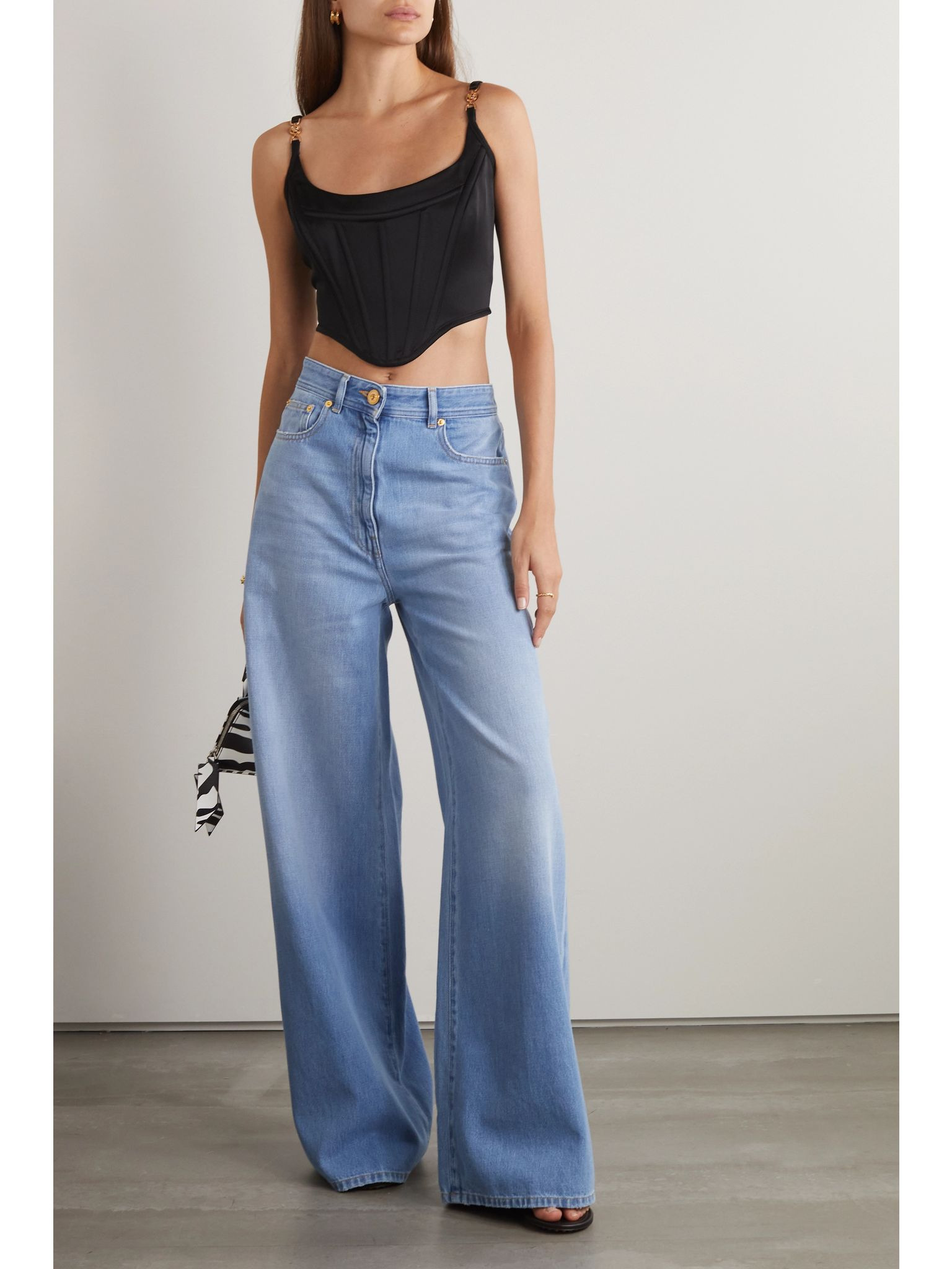 Icons cropped embellished satin bustier top Black - 2