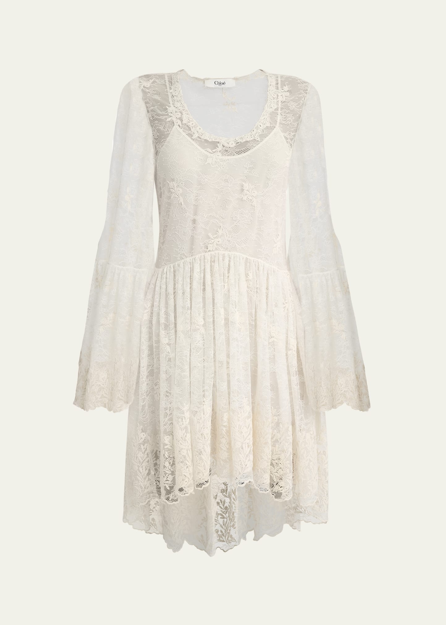 Lace U-Neck Long-Sleeve Mini Dress - 1