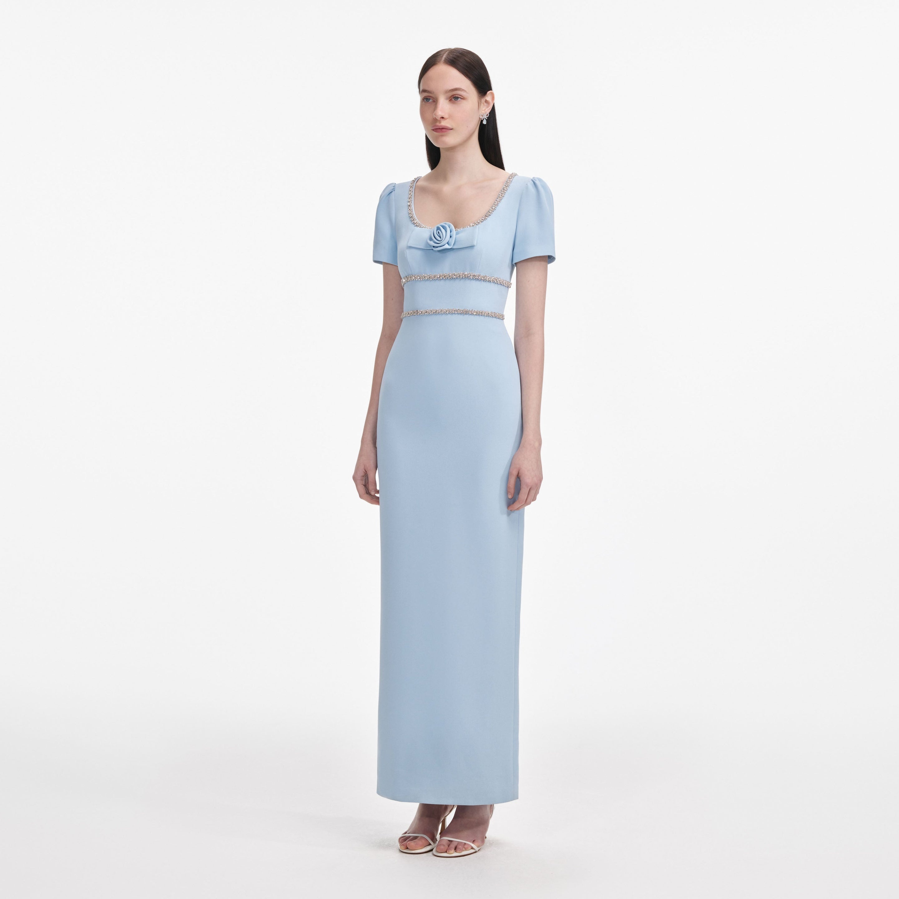 Blue Crepe Crystal Trim Maxi Dress - 2