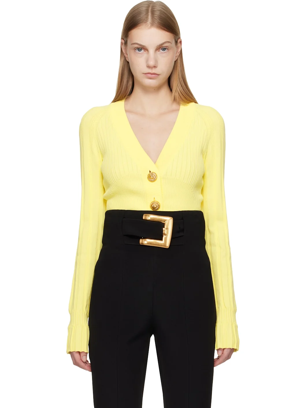 Yellow Buttoned V-Neck Light Knit Cardigan - 1