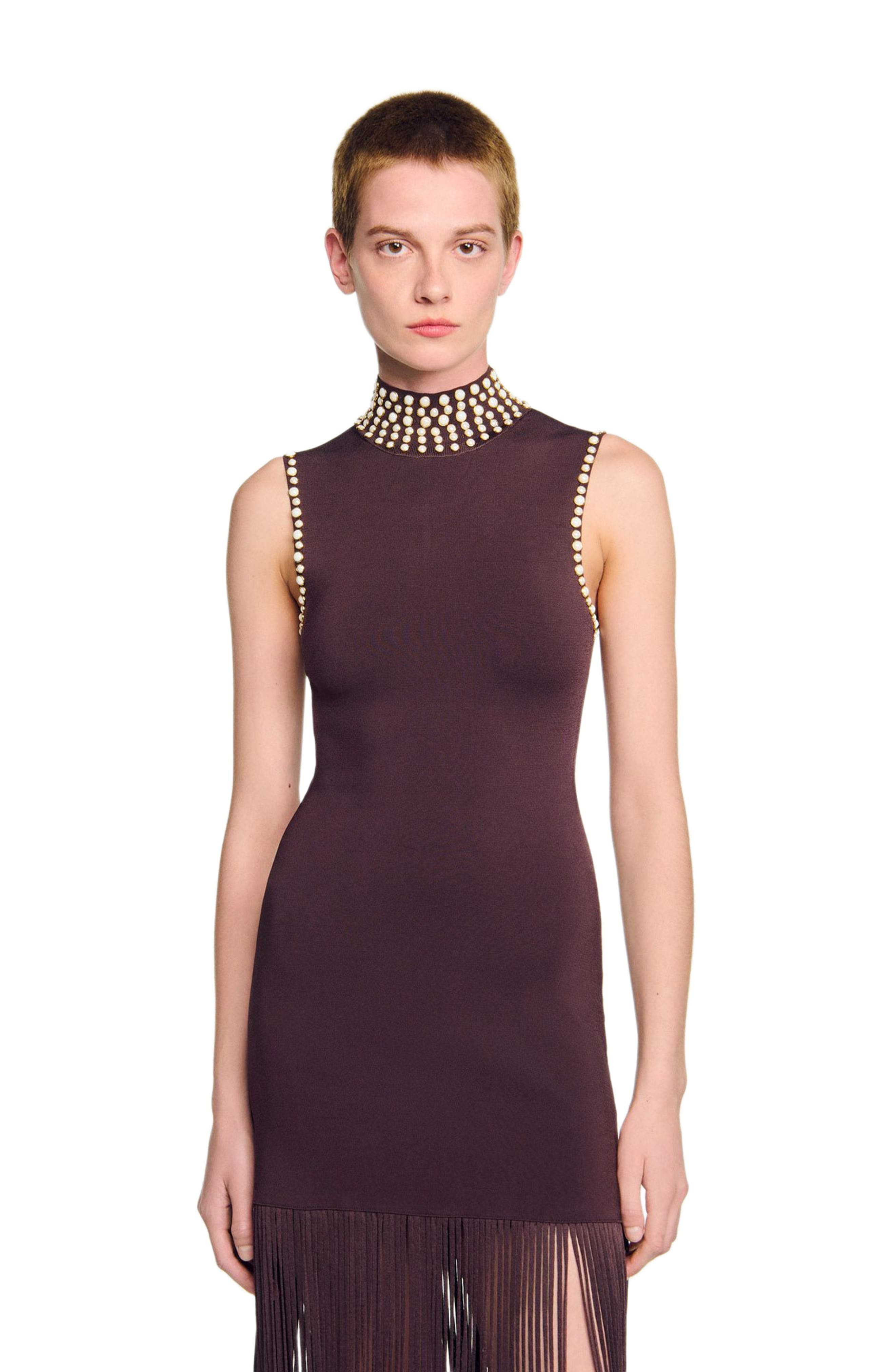 SANDRO Fringed knit midi dress in Brown at Nordstrom - 3