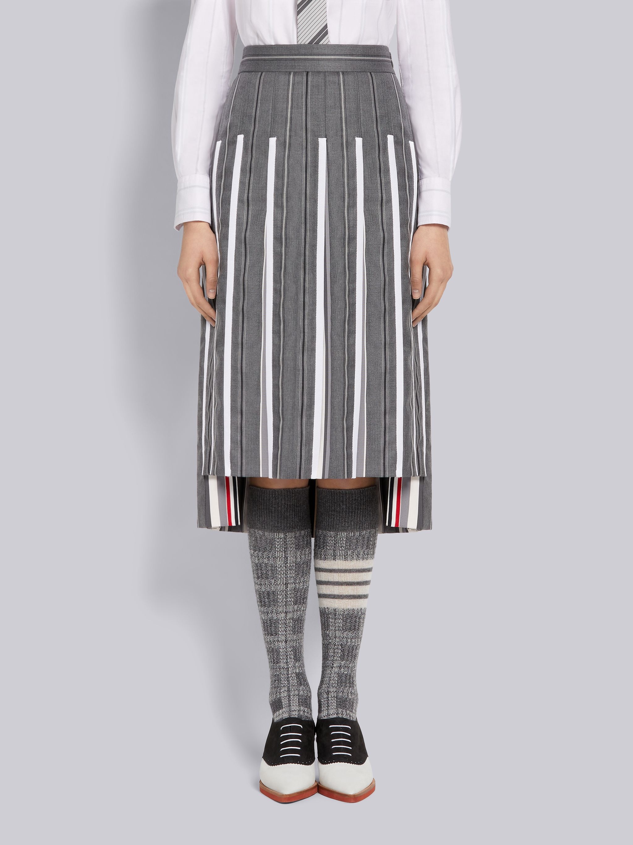 Medium Grey Alternating Stripe Wool Suiting Dropped Back Below-the-Knee Pleated Skirt With Grosgrain - 1